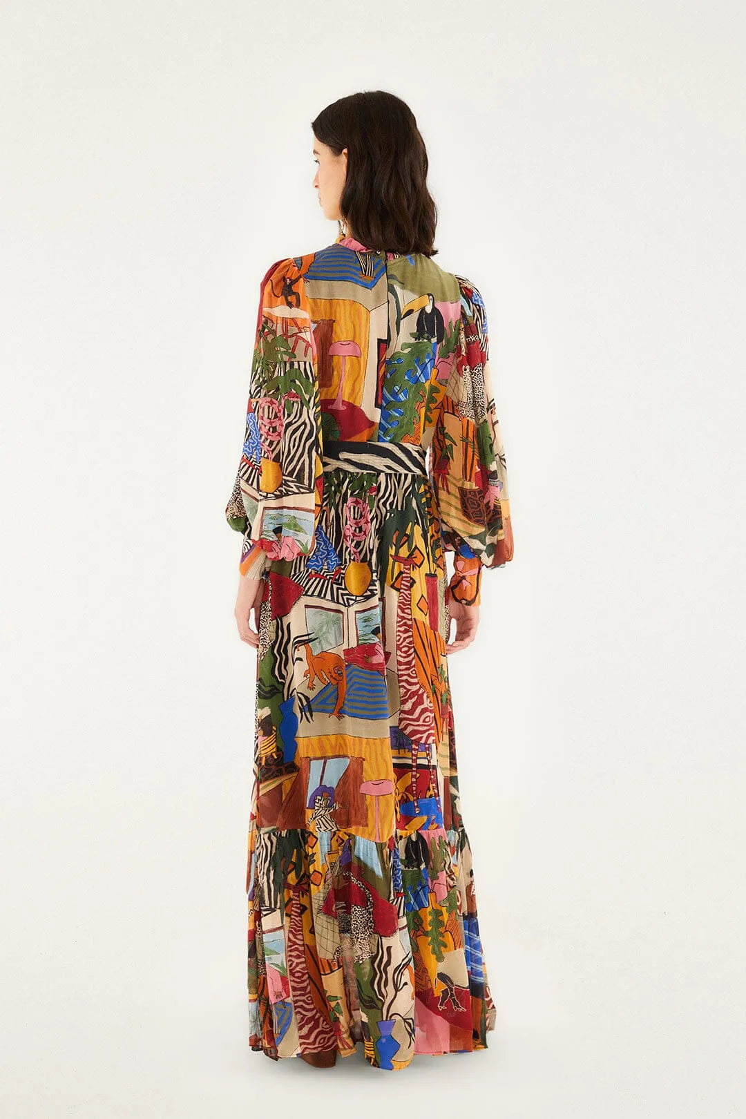 Tropical Multicolor Long Sleeve Maxi Dress Tassel Glow