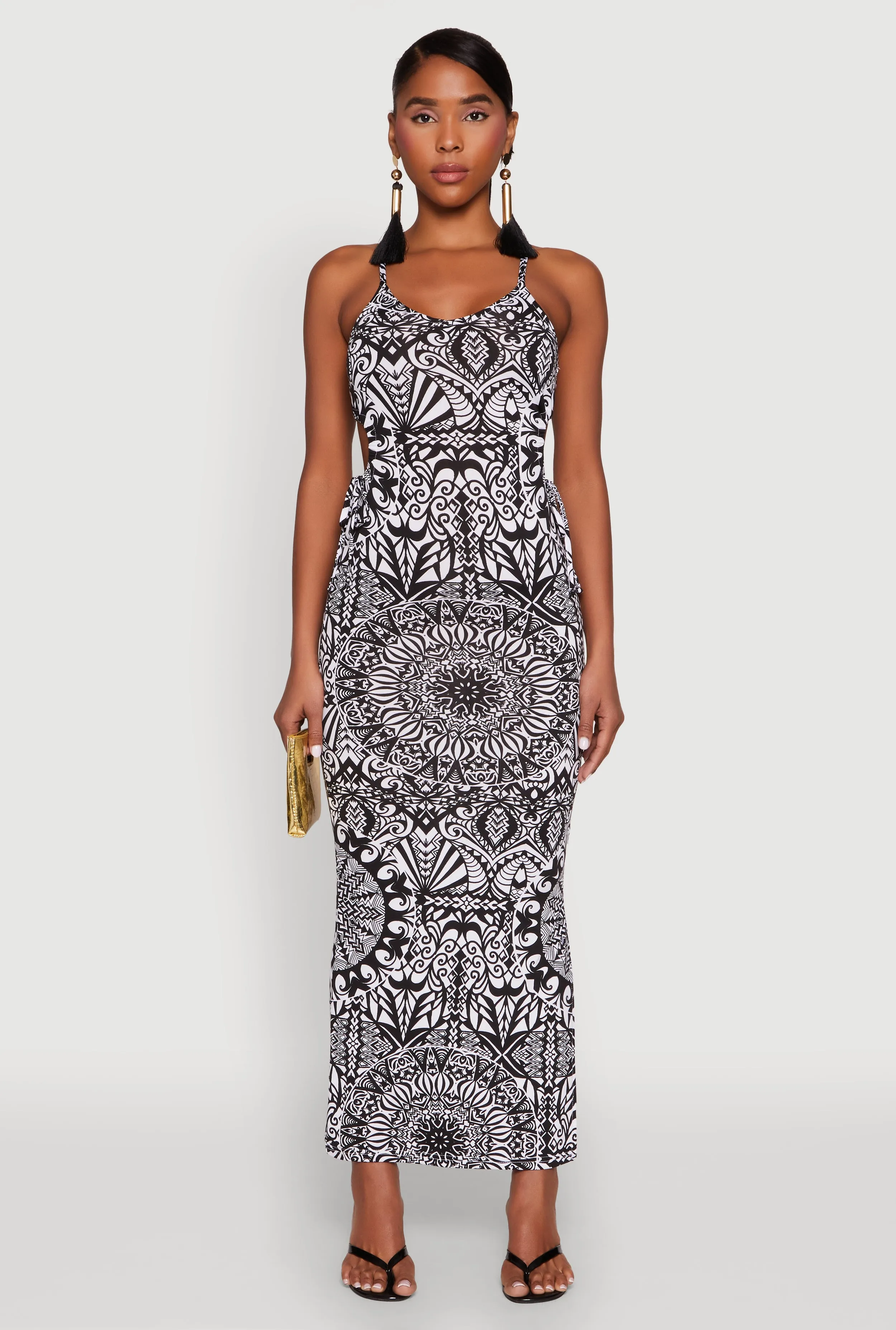 Field Walk Yellow Sun Printed Drawstring Keyhole Side Maxi Dress