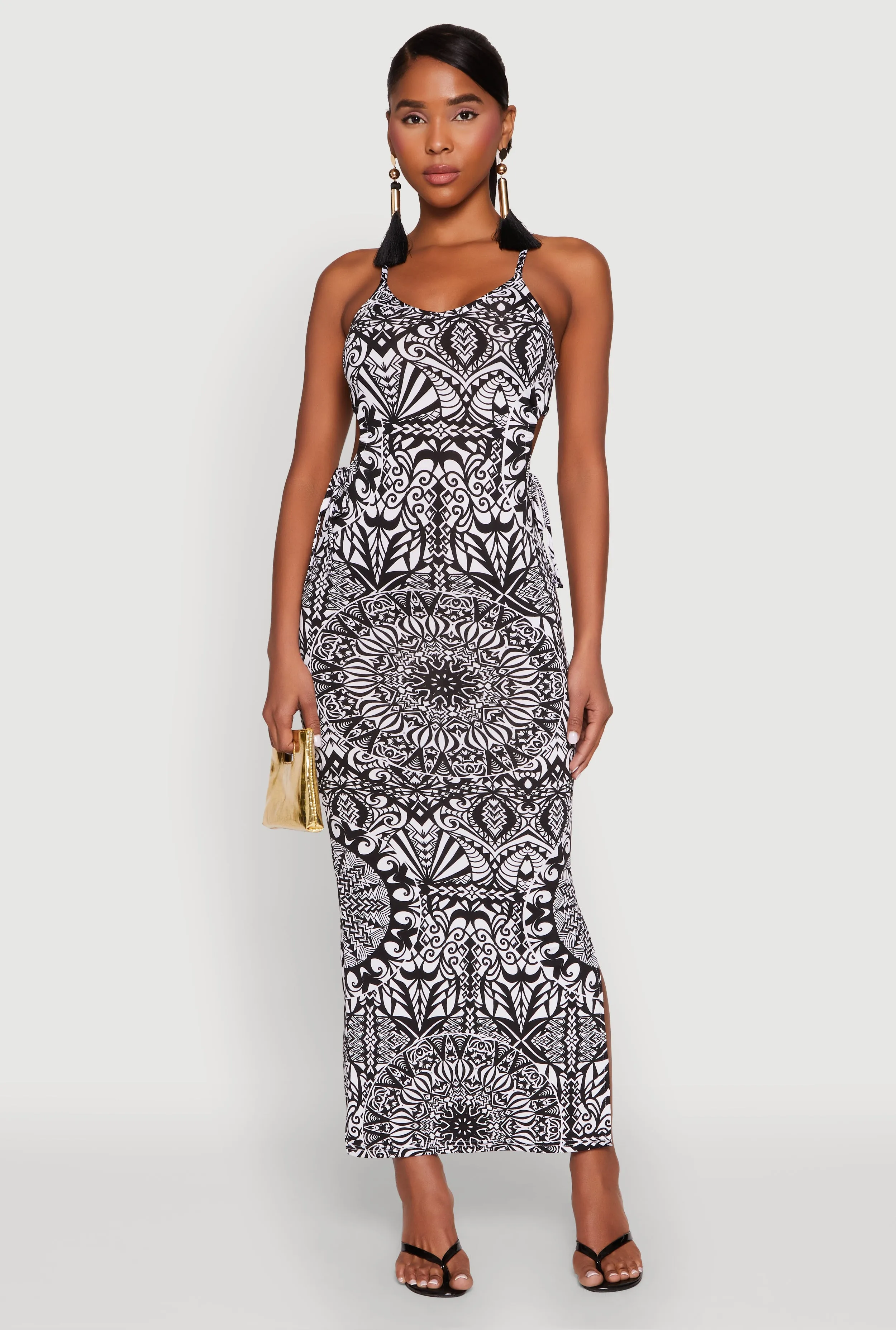 Printed Drawstring Keyhole Side Maxi Dress With a flowy skirt and a structured top this maxi dress offers a perfect balance of comfort and style Net Glow