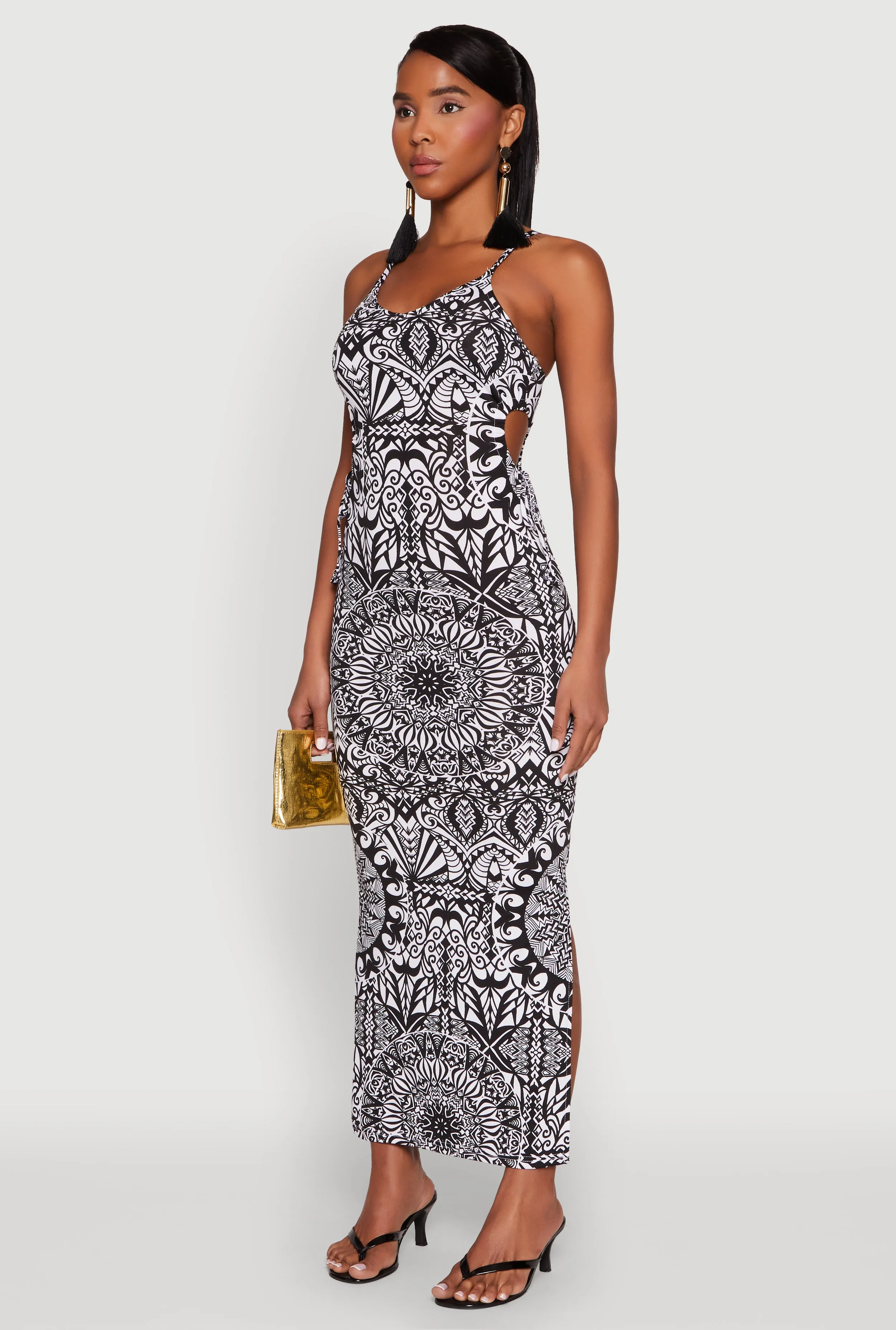 Printed Drawstring Keyhole Side Maxi Dress Trim Glow