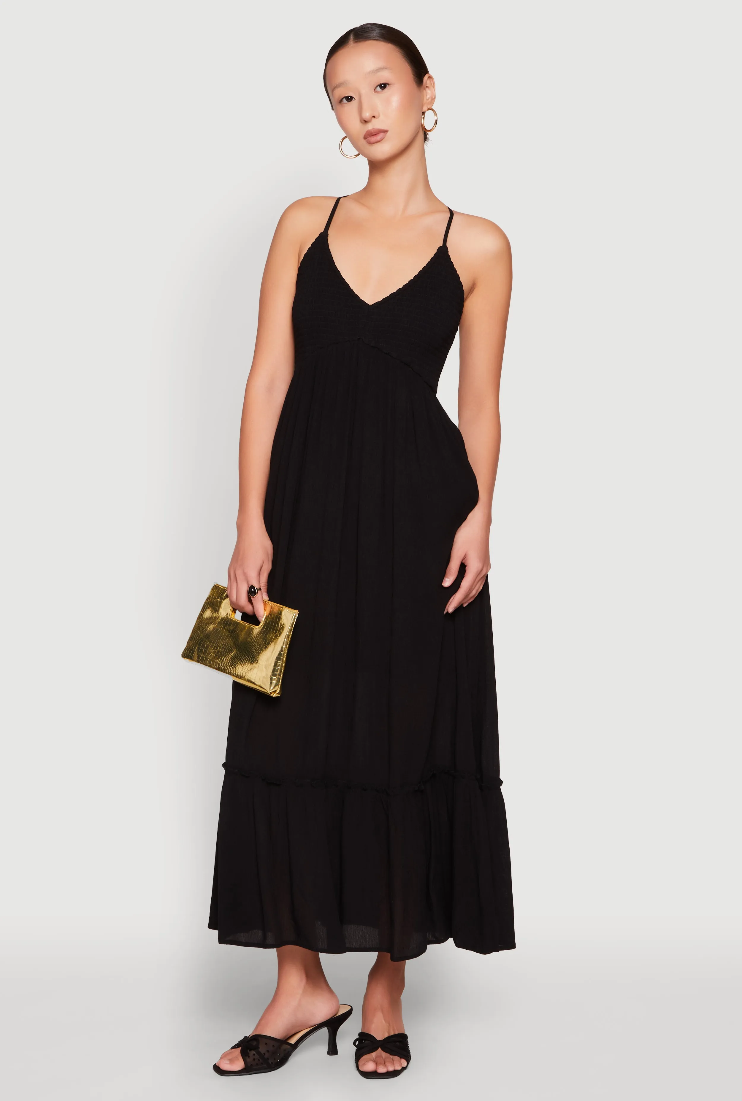 Classic bohemian-inspired dress Gold Shine Almost Famous Smocked O Ring Tiered Maxi Dress