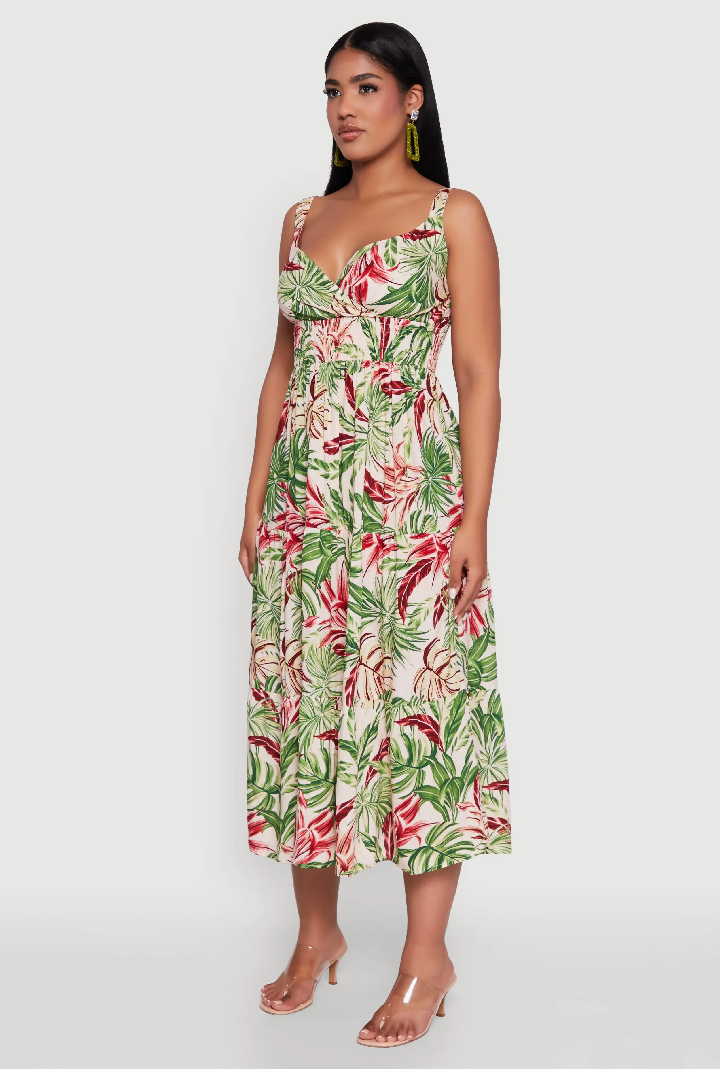 Tropical Leaf Print Empire Waist Sundress Chiffon Glow Brick Path