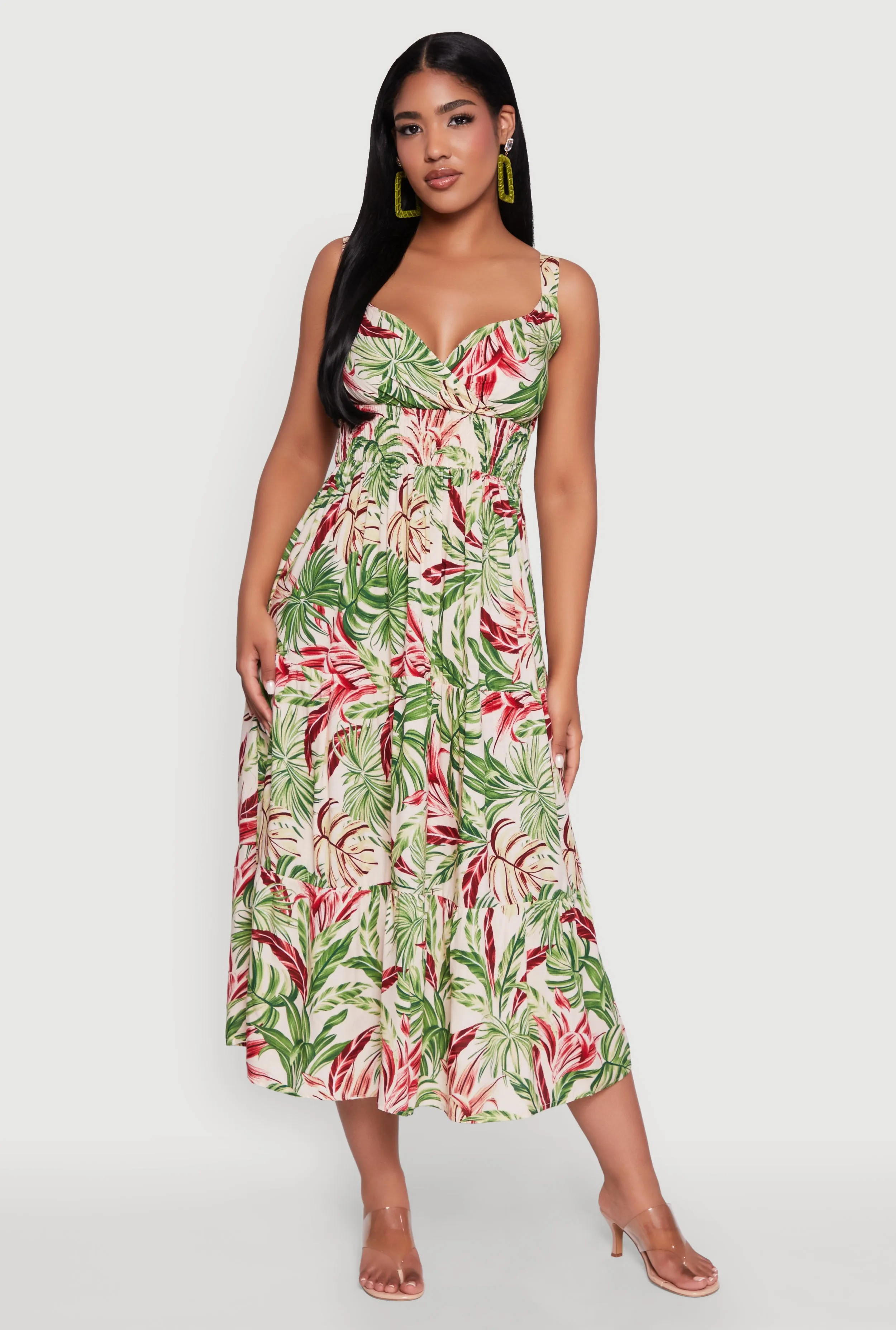 Tropical Leaf Print Empire Waist Sundress Nickel Glow Day-to-evening wear
