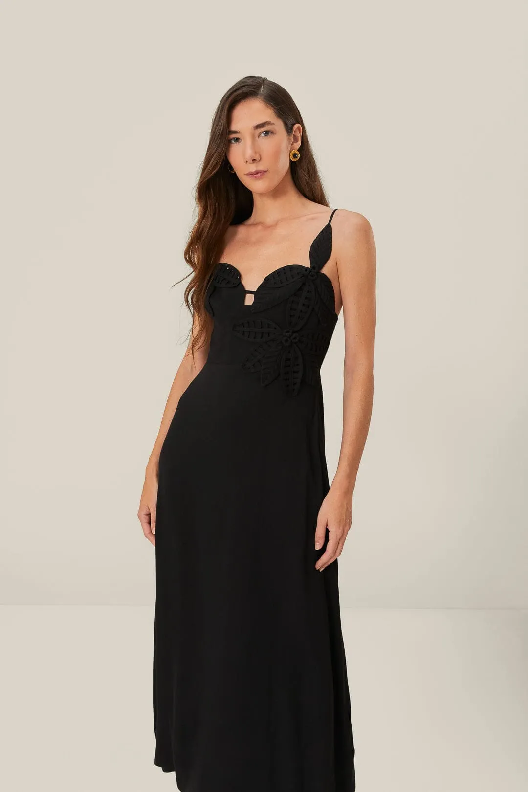 Black Flowered Bust Midi Dress Autumn Stroll Easy Fashion