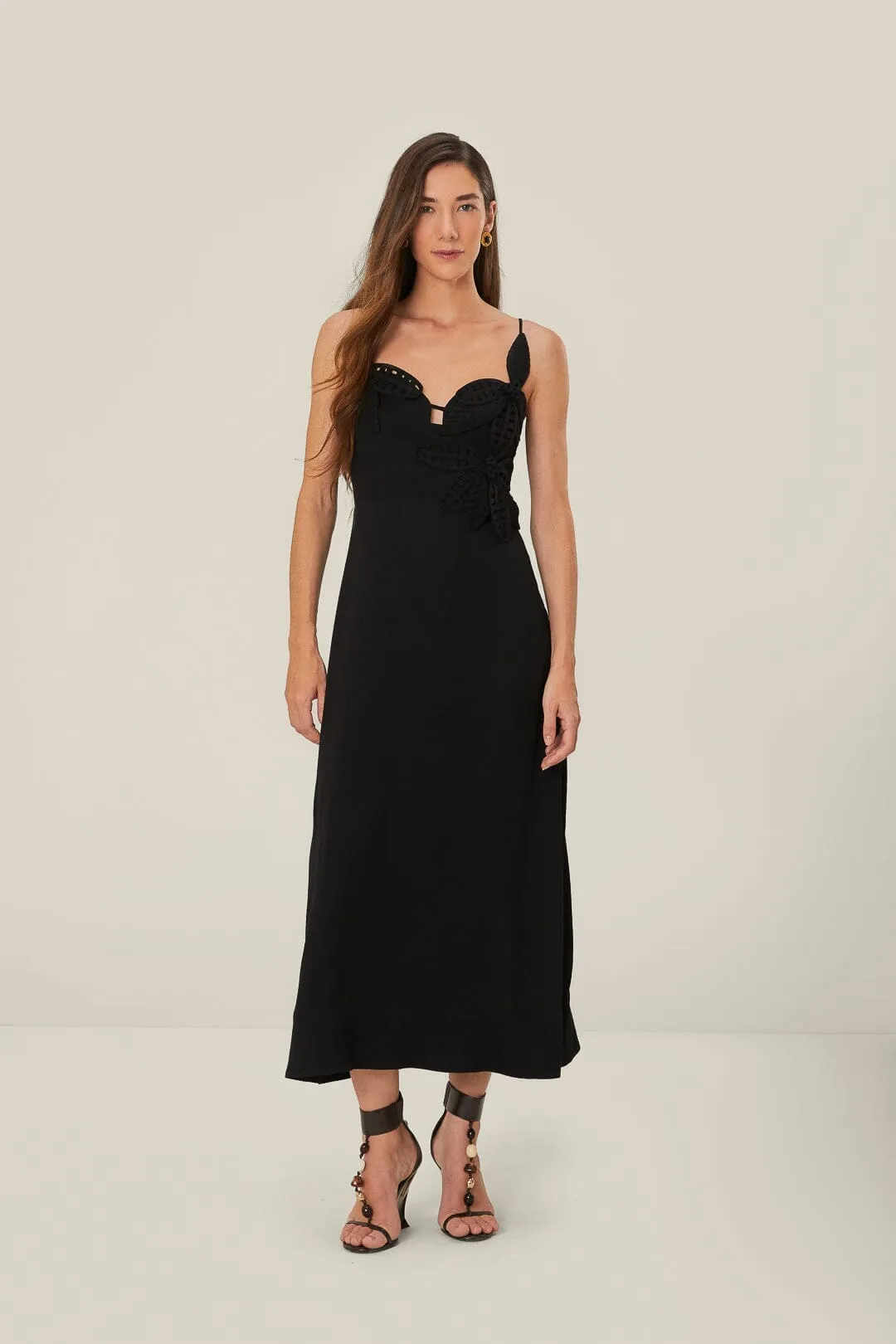 Black Flowered Bust Midi Dress Wind Song