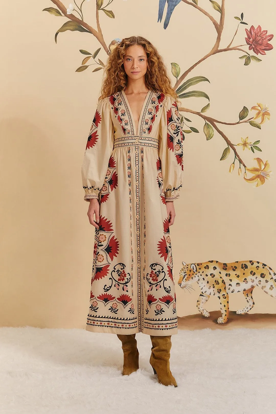 Abstract art Cream Cashew Mandala Maxi Dress