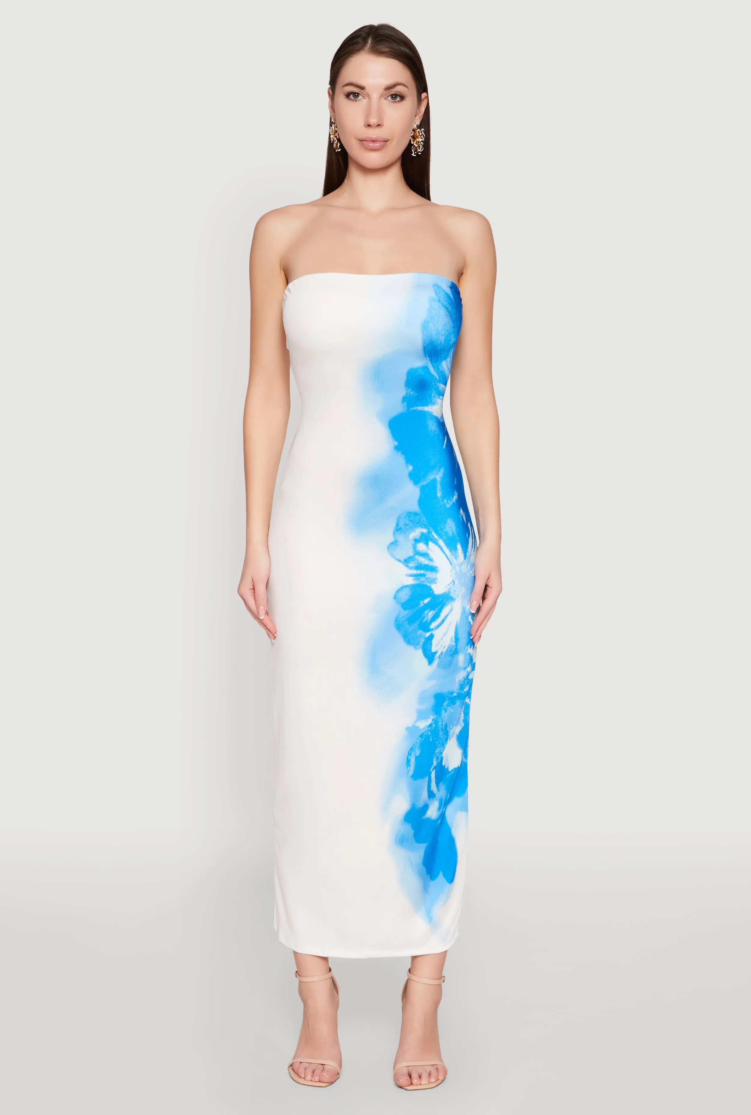 The classic cut of this maxi dress ensures a flattering fit for all body types Rose Glow Ombre Floral Maxi Tube Dress