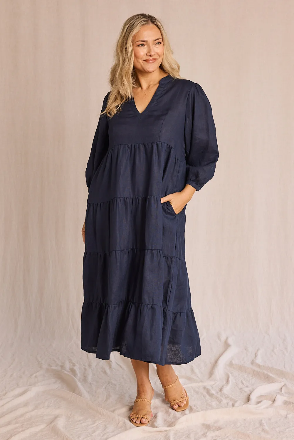Fashionable formal event piece Whether worn for a casual day out or an evening event this maxi dress always looks chic Sabre Linen V-Neck Dress in Navy