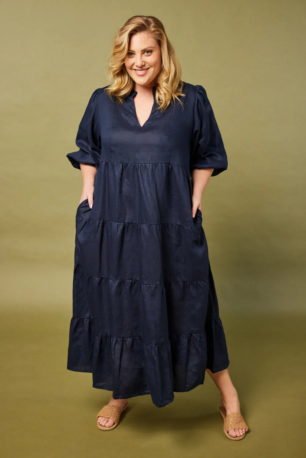 Platinum Glow Lantern Glow Sabre Linen V-Neck Dress in Navy