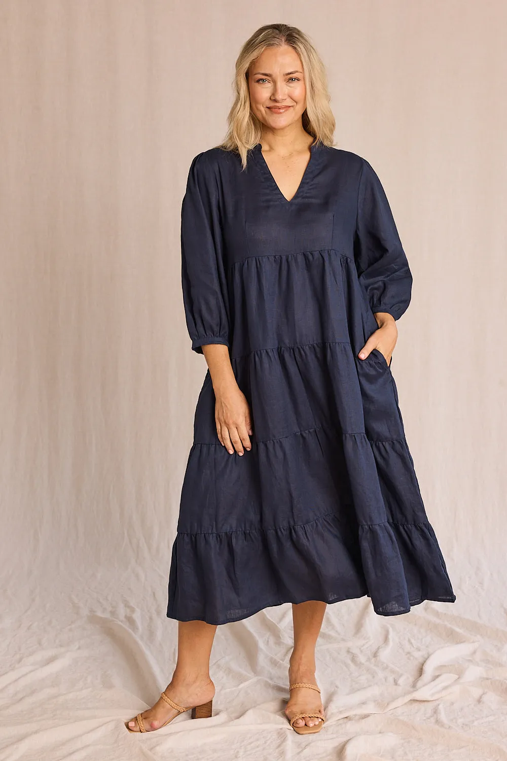 Sabre Linen V-Neck Dress in Navy Layer Glow