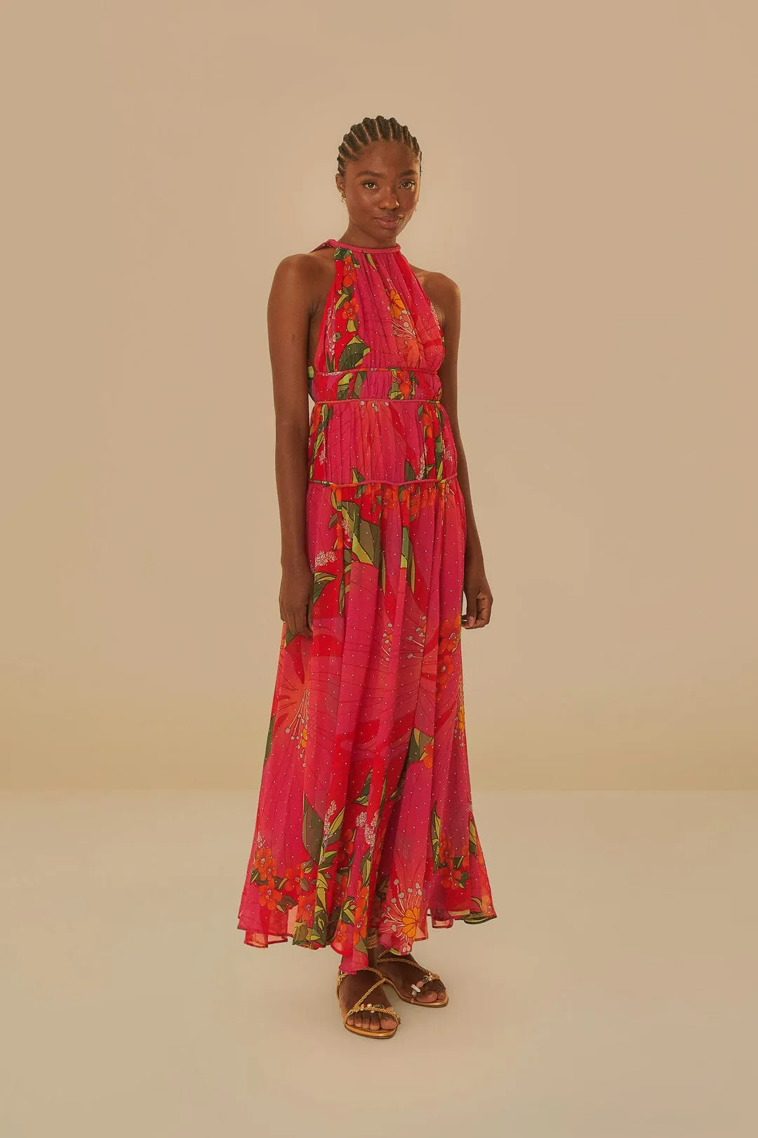 Candle Glow Ocean Arch Red Pietra Floral Sleeveless Maxi Dress