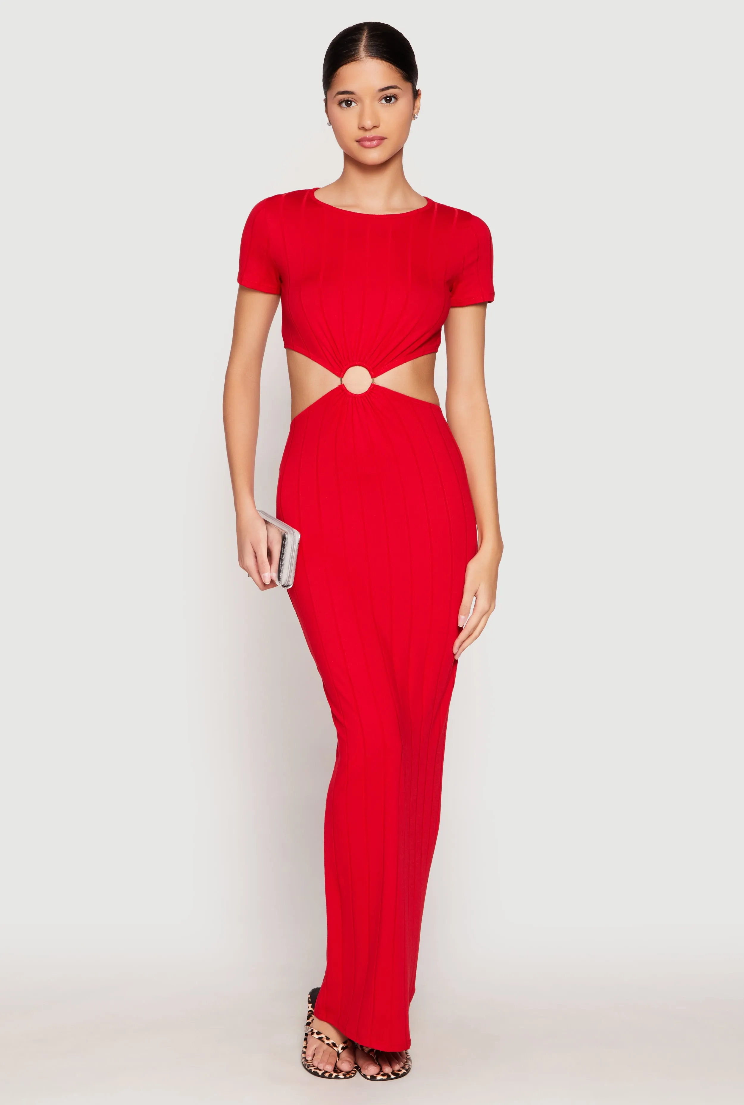 Georgette Glow Ribbed Knit O Ring Cut Out Maxi Dress