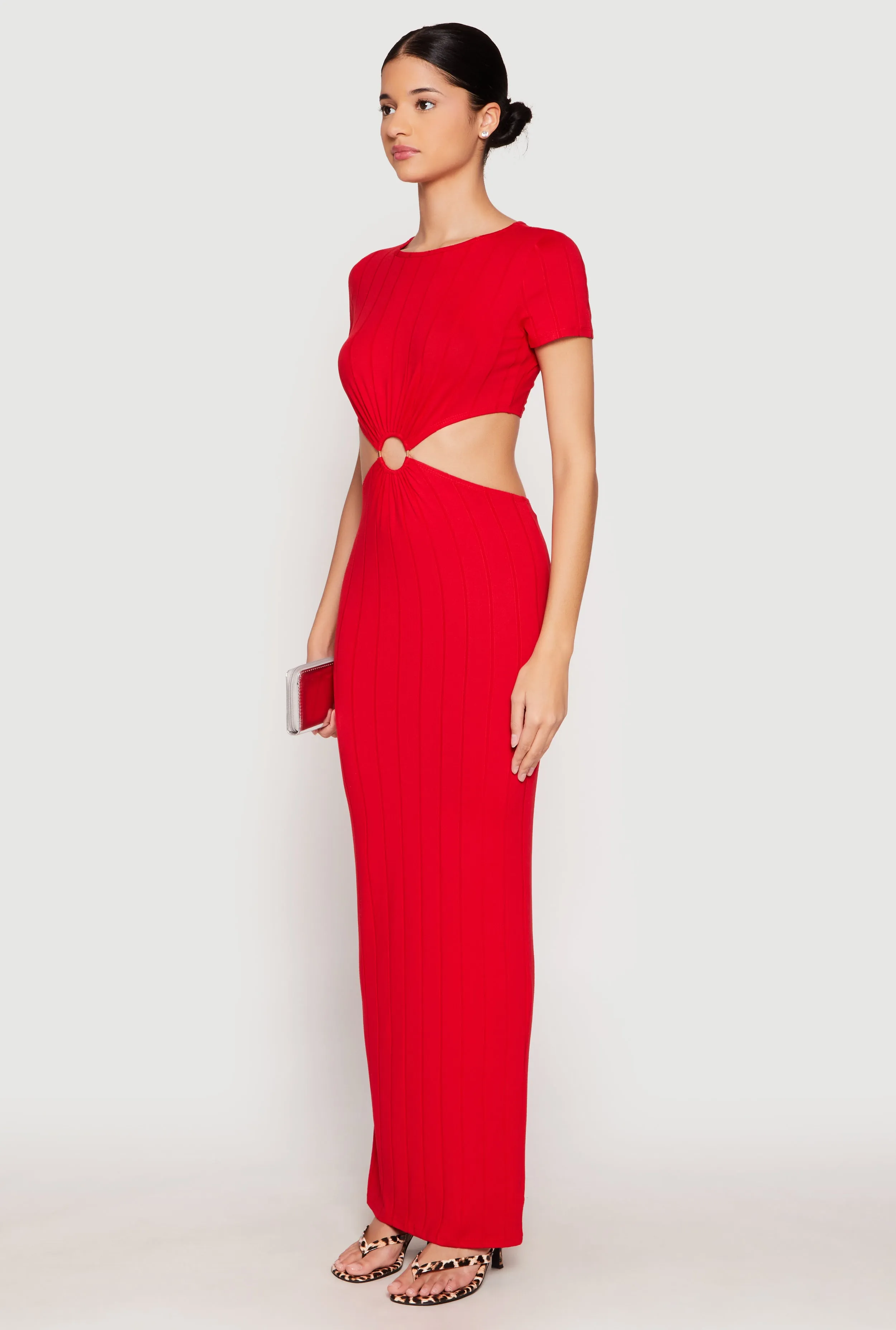 Ribbed Knit O Ring Cut Out Maxi Dress delicate embroidery