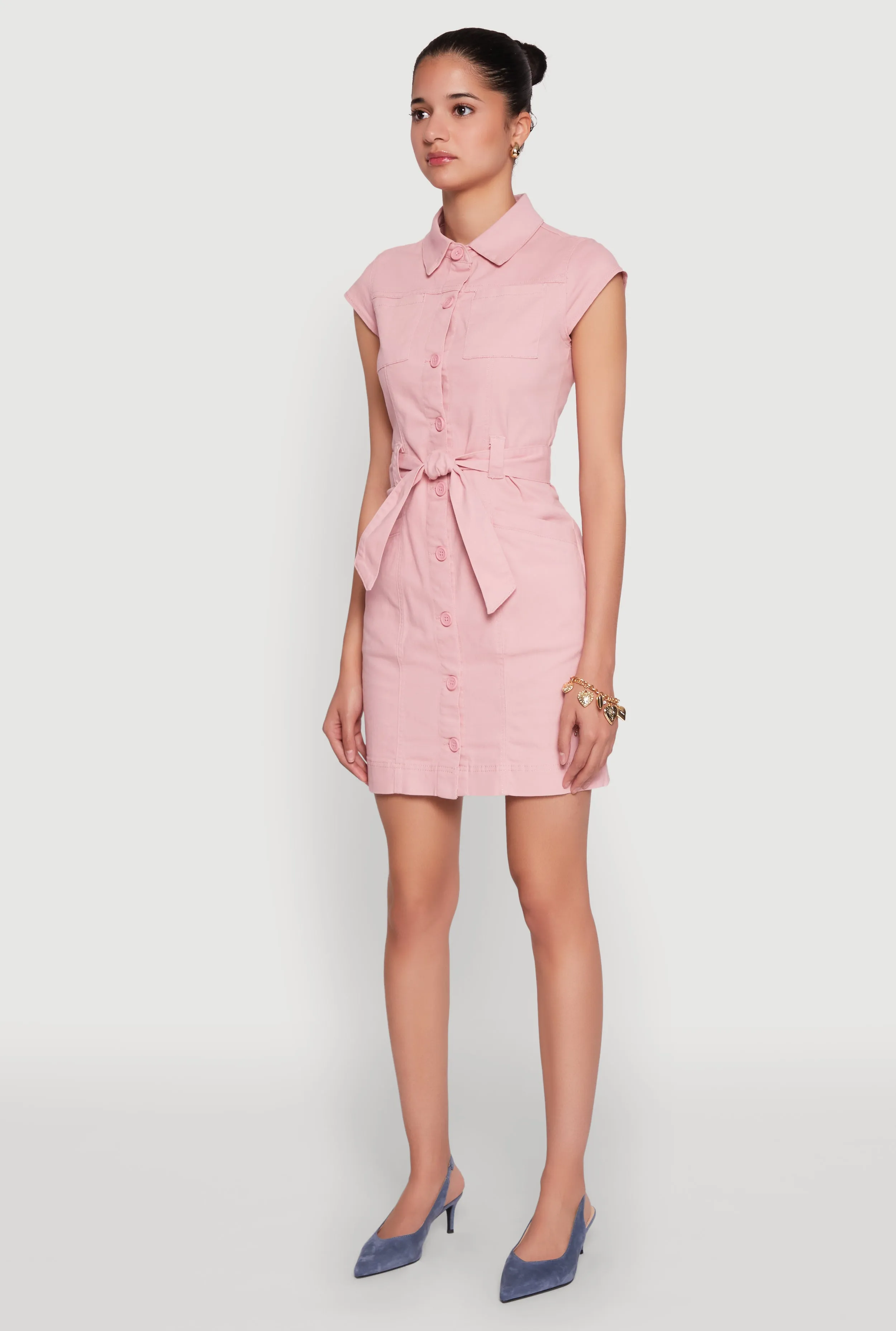 Flash Beat Light Soft Twill Button Front Belted Shirt Dress