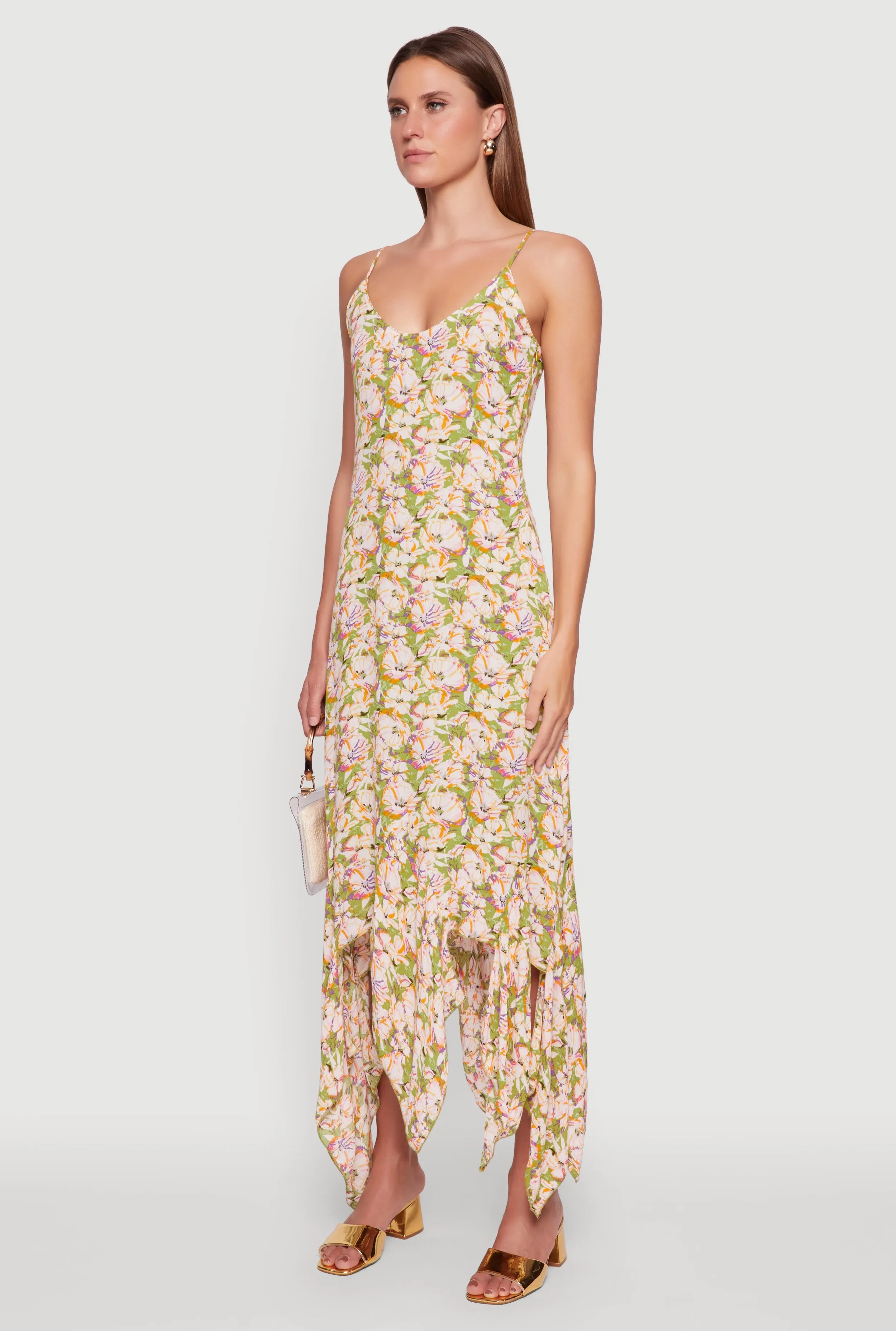 Floral Print Sleeveless Long Slip Dress with Open Tie Back Plaza Glow