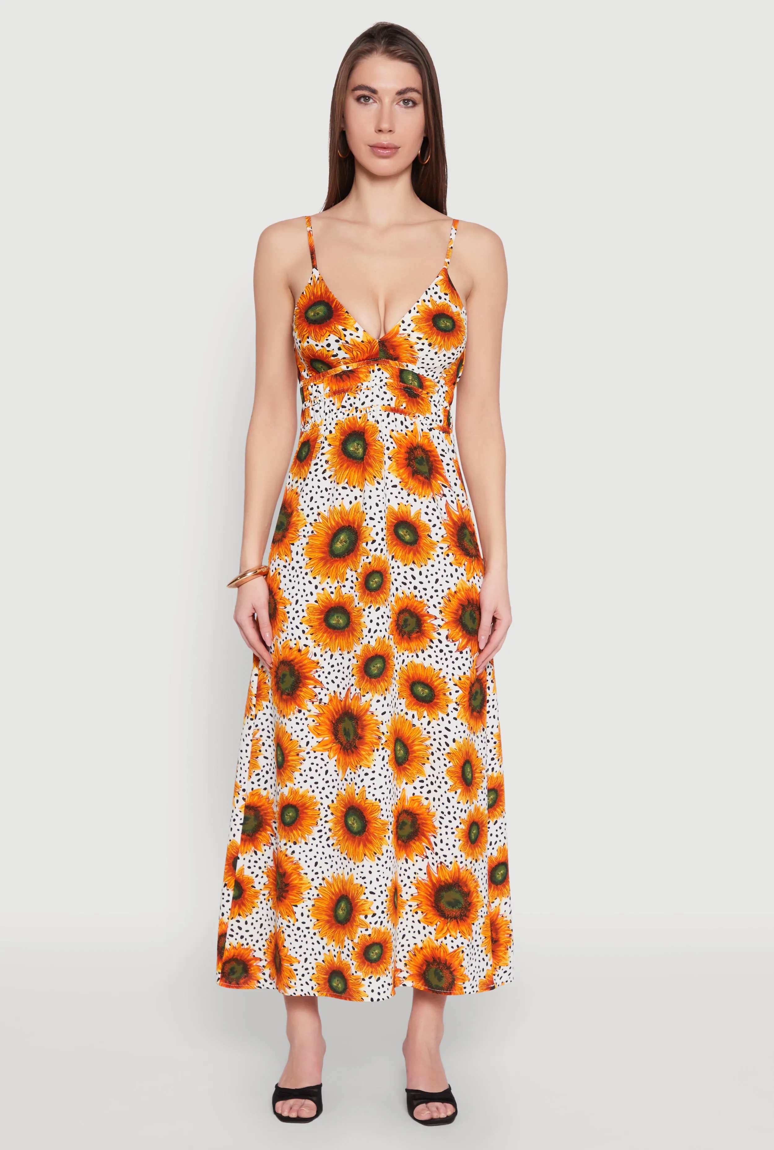 Sunflower Print Empire Waist Dress Candle Glow Versatile maxi with accessories