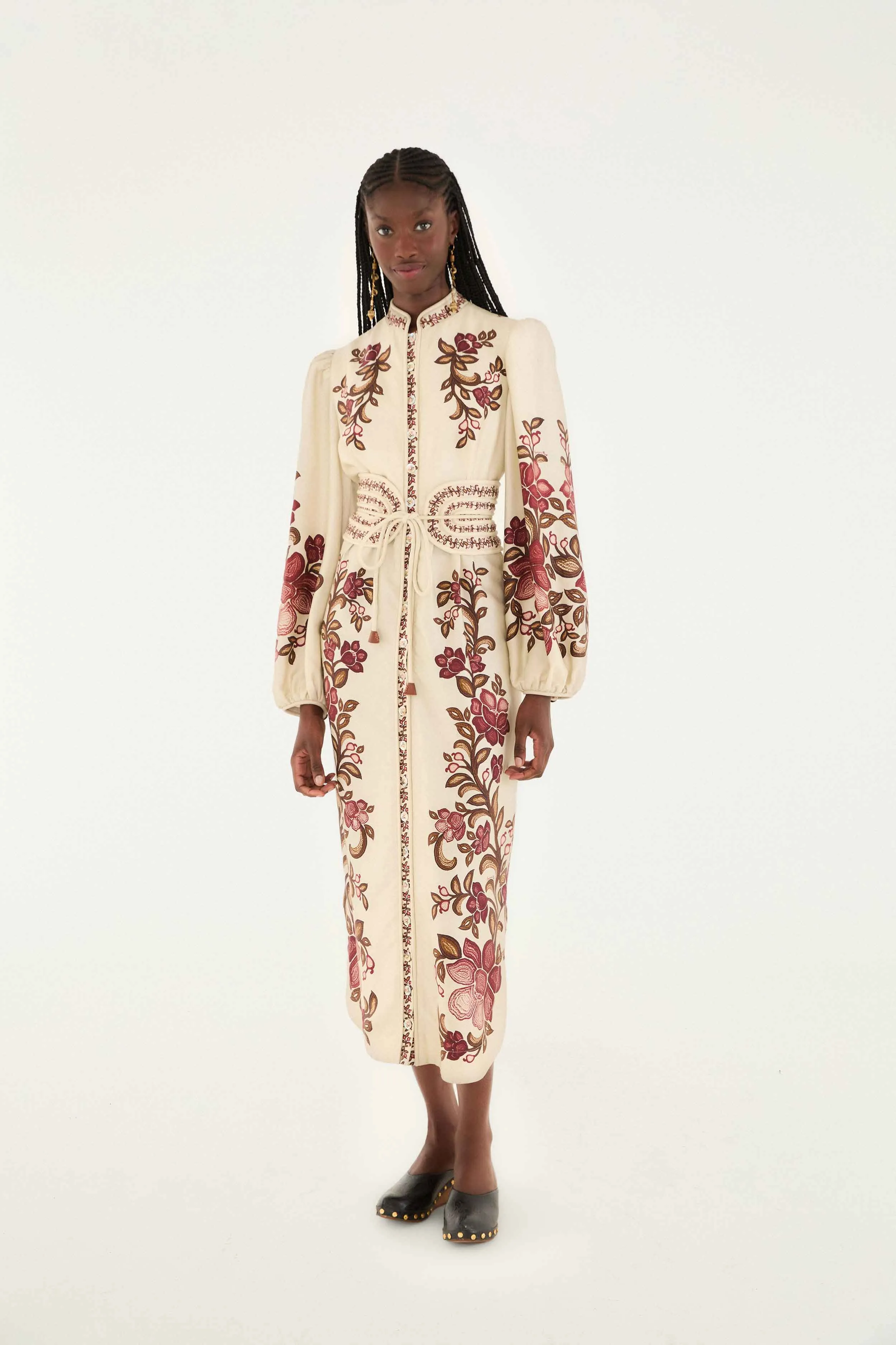 Sophisticated Design Chic Layers Sand Renata Floral Long Sleeve Midi Dress
