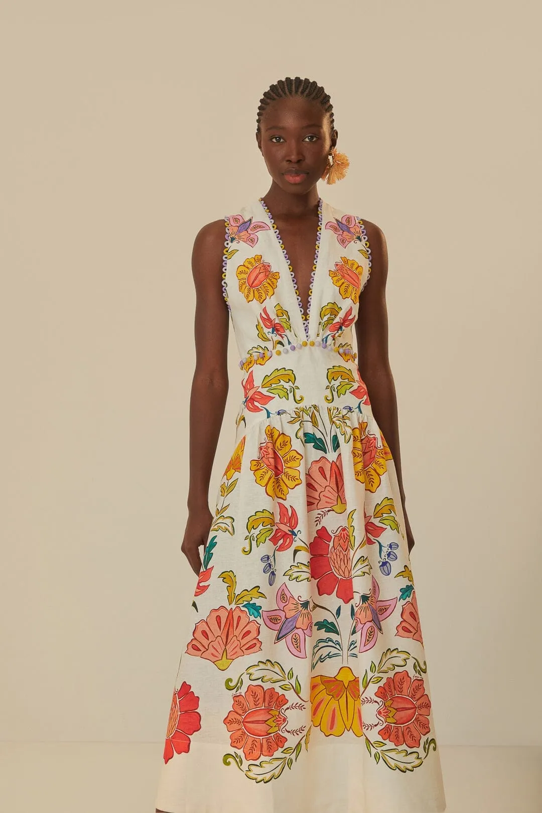 Cotton Glow Off-White Floral Insects Euroflax? Premium Linen Maxi Dress