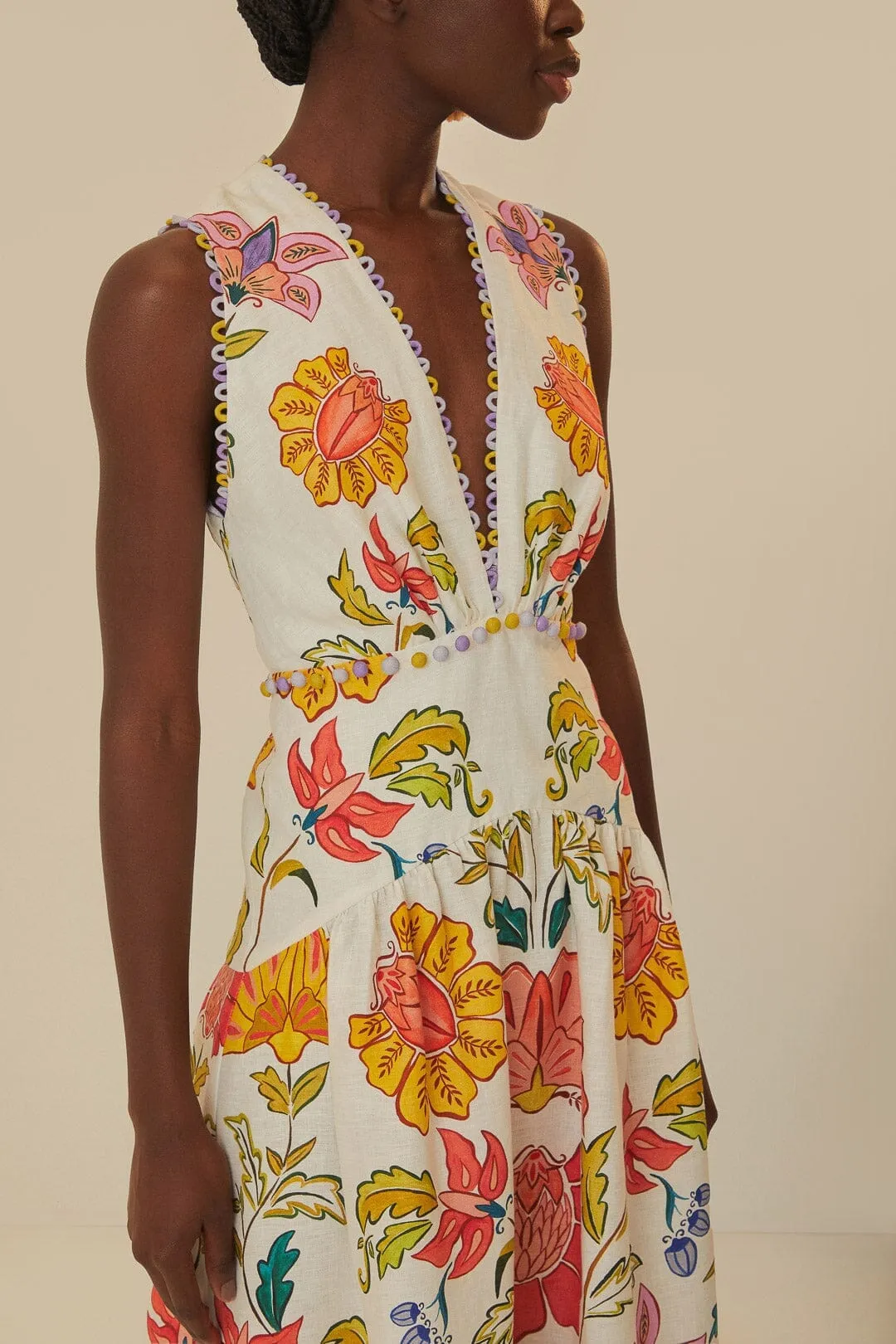 Loose Fit Off-White Floral Insects Euroflax? Premium Linen Maxi Dress