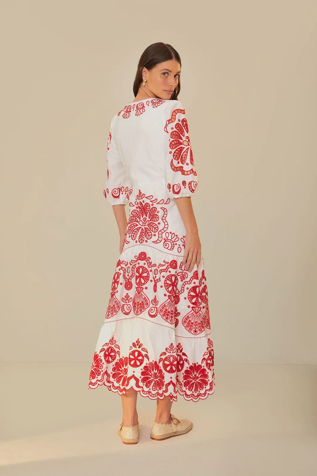 White Richelieu V Neck Maxi Dress Brick Path Mustard Pop