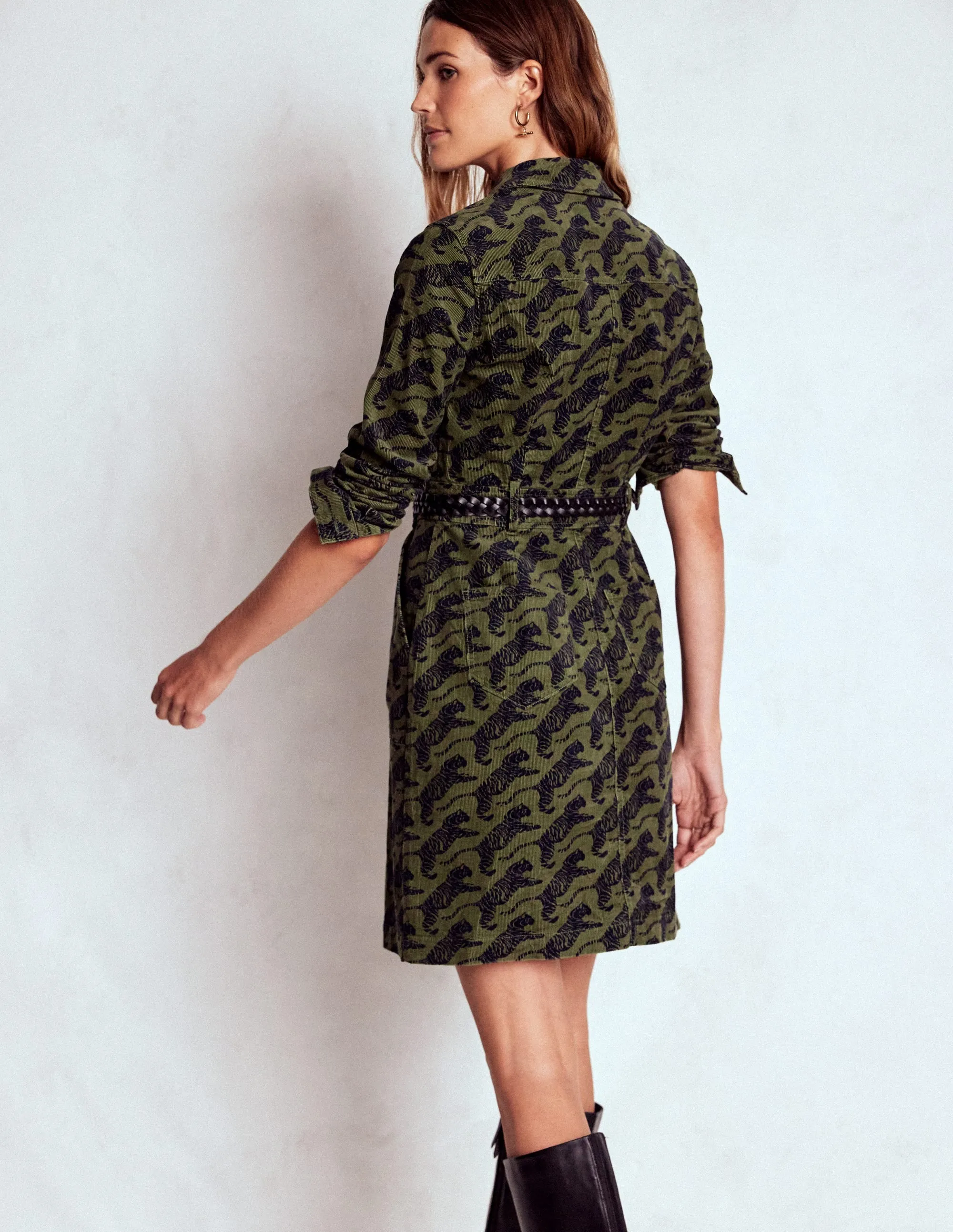 Boho chic Trend Edge Amanda Cord Short Dress-Woodland Green, Leaping Tiger