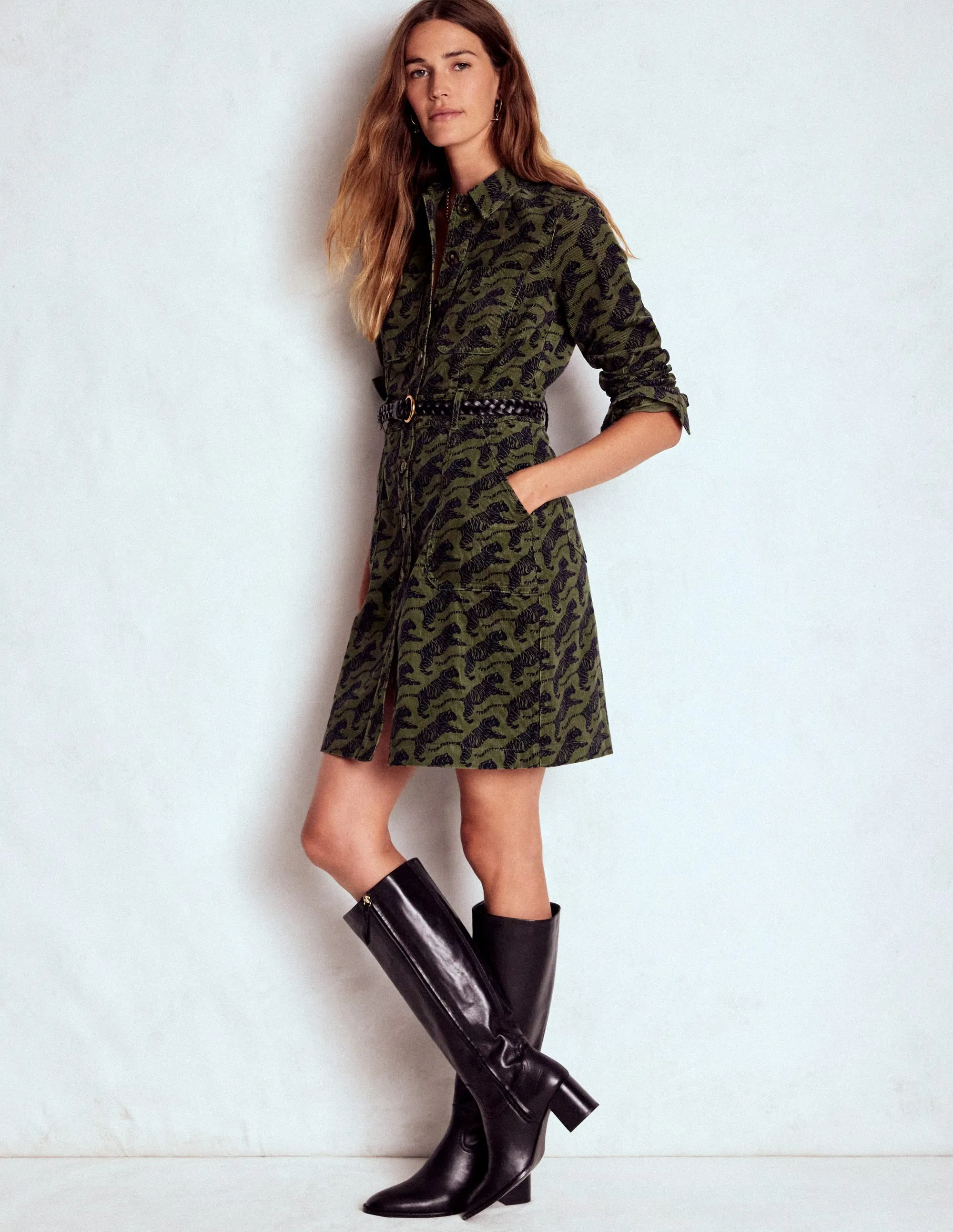 Soft Brushed Interior Amanda Cord Short Dress-Woodland Green, Leaping Tiger