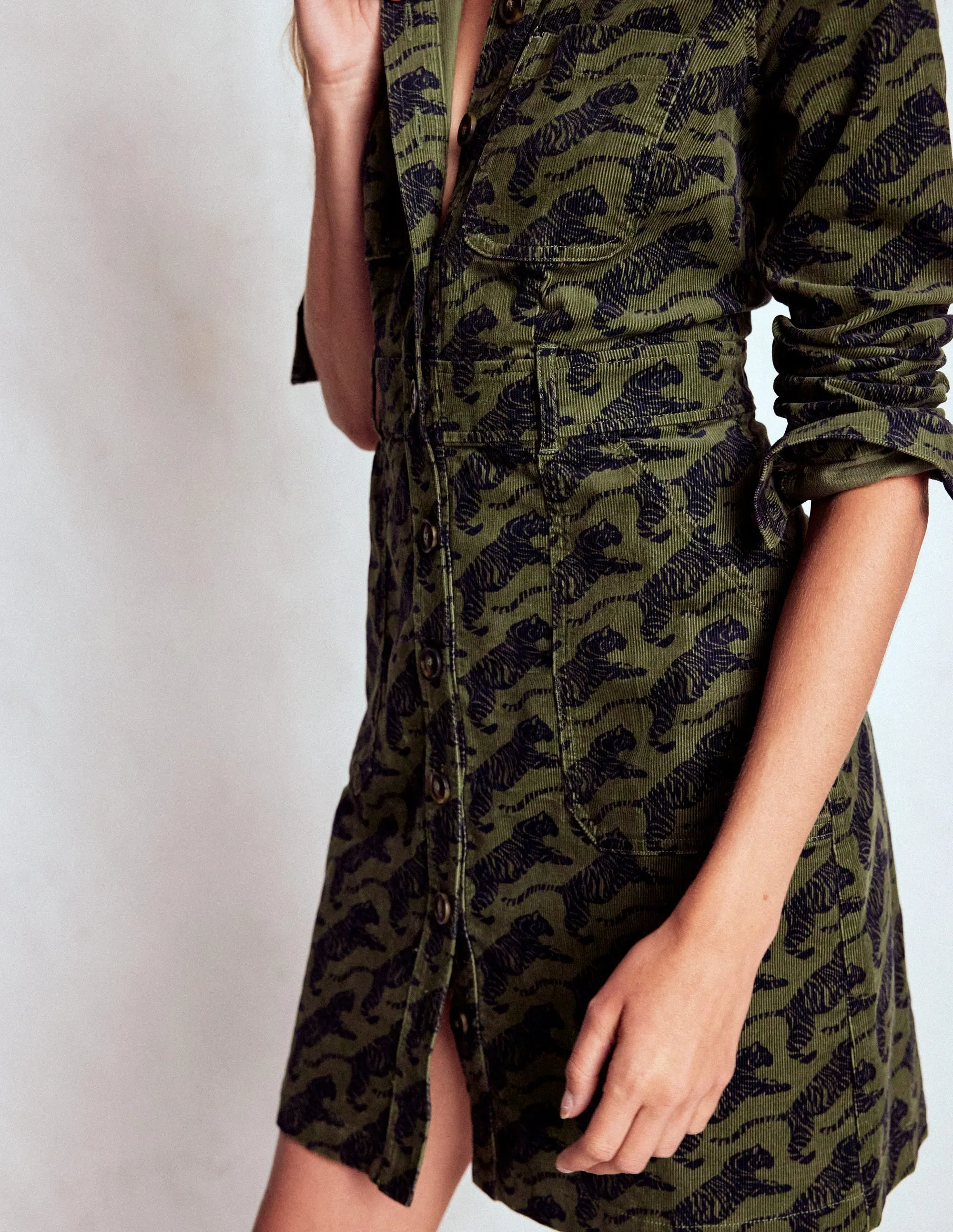 Cozy Fit Style Tagless Labeling Amanda Cord Short Dress-Woodland Green, Leaping Tiger