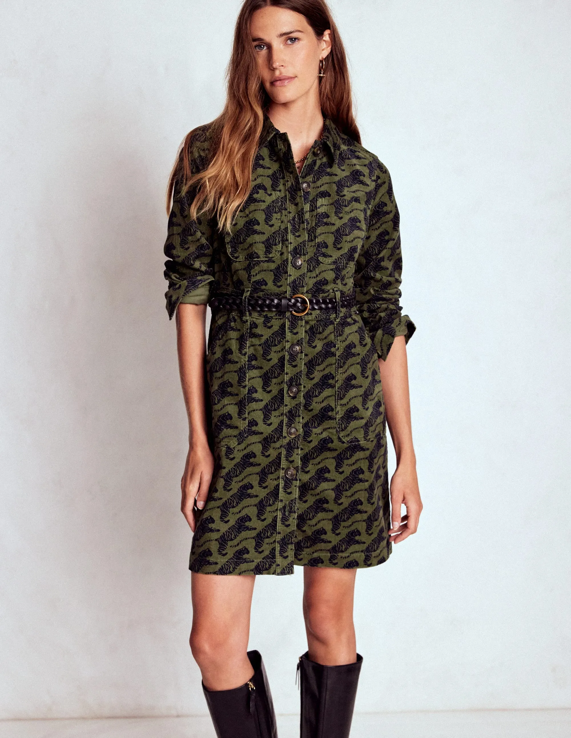 boho vibe Easy Fit Amanda Cord Short Dress-Woodland Green, Leaping Tiger