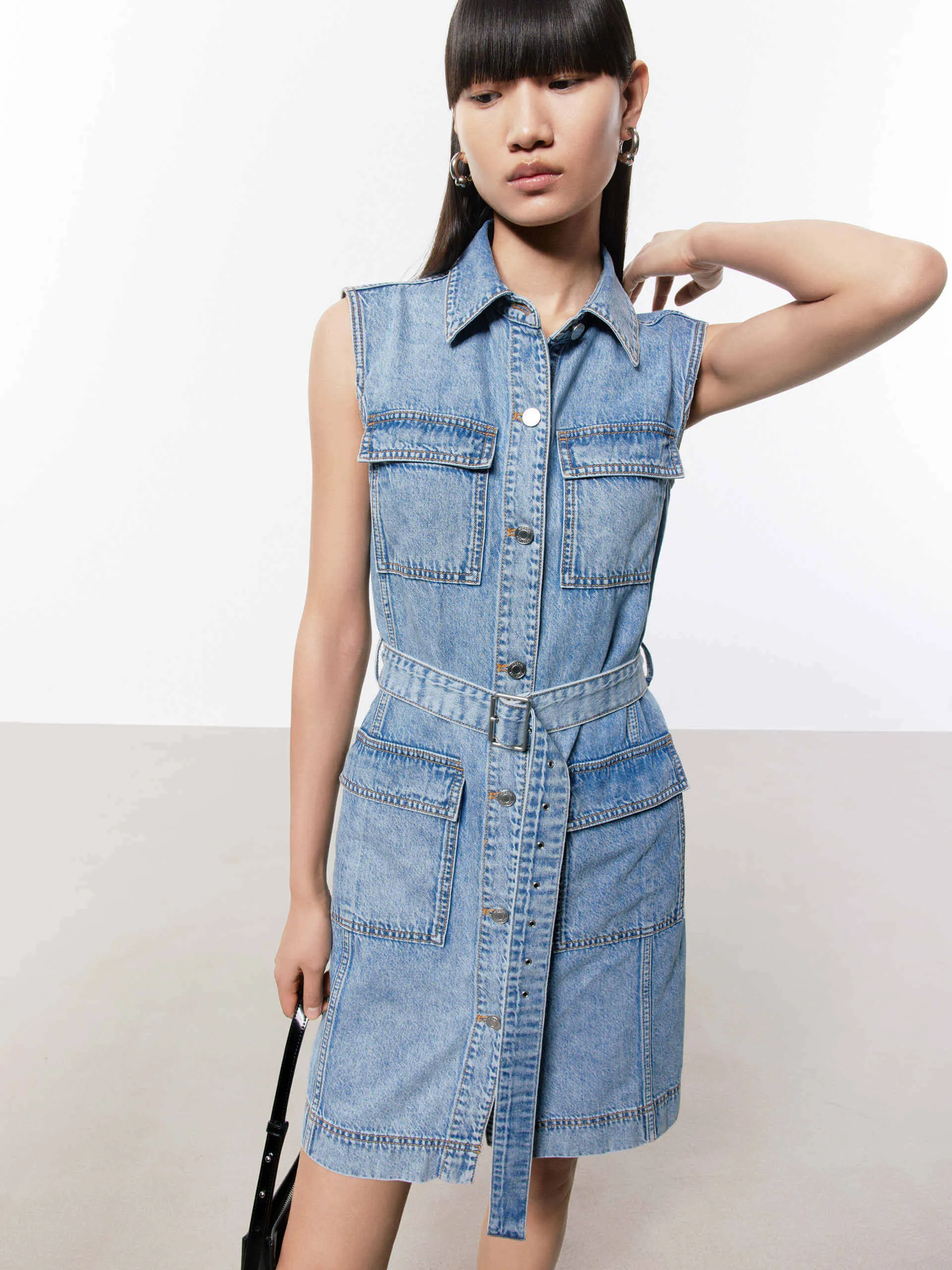 Belt Sleeveless Denim Dress Short playful dress for vacations Soft fabric mini