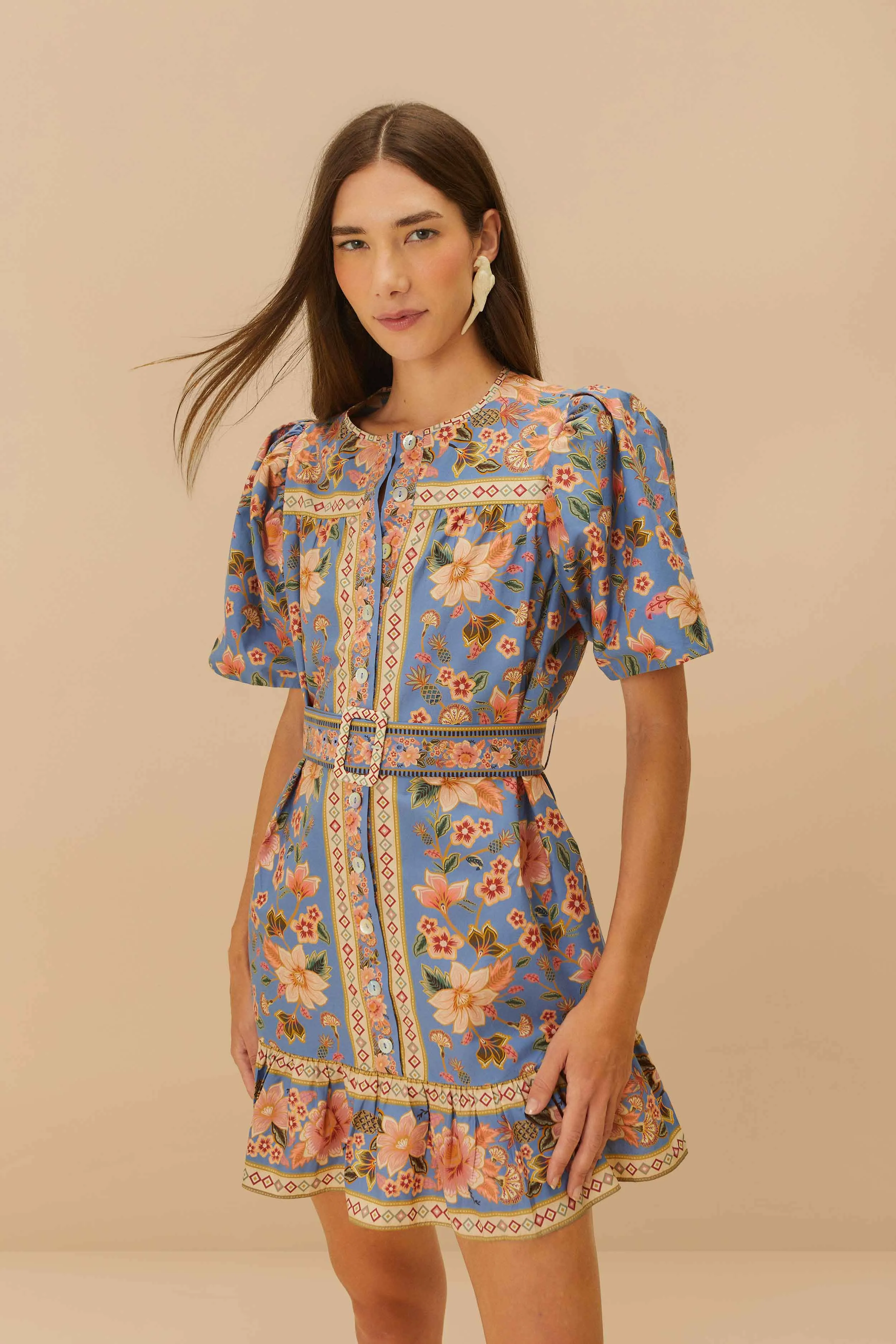 Youthful Fashion Pose Queen Blue Superbloom Tapestry Organic Cotton Mini Dress