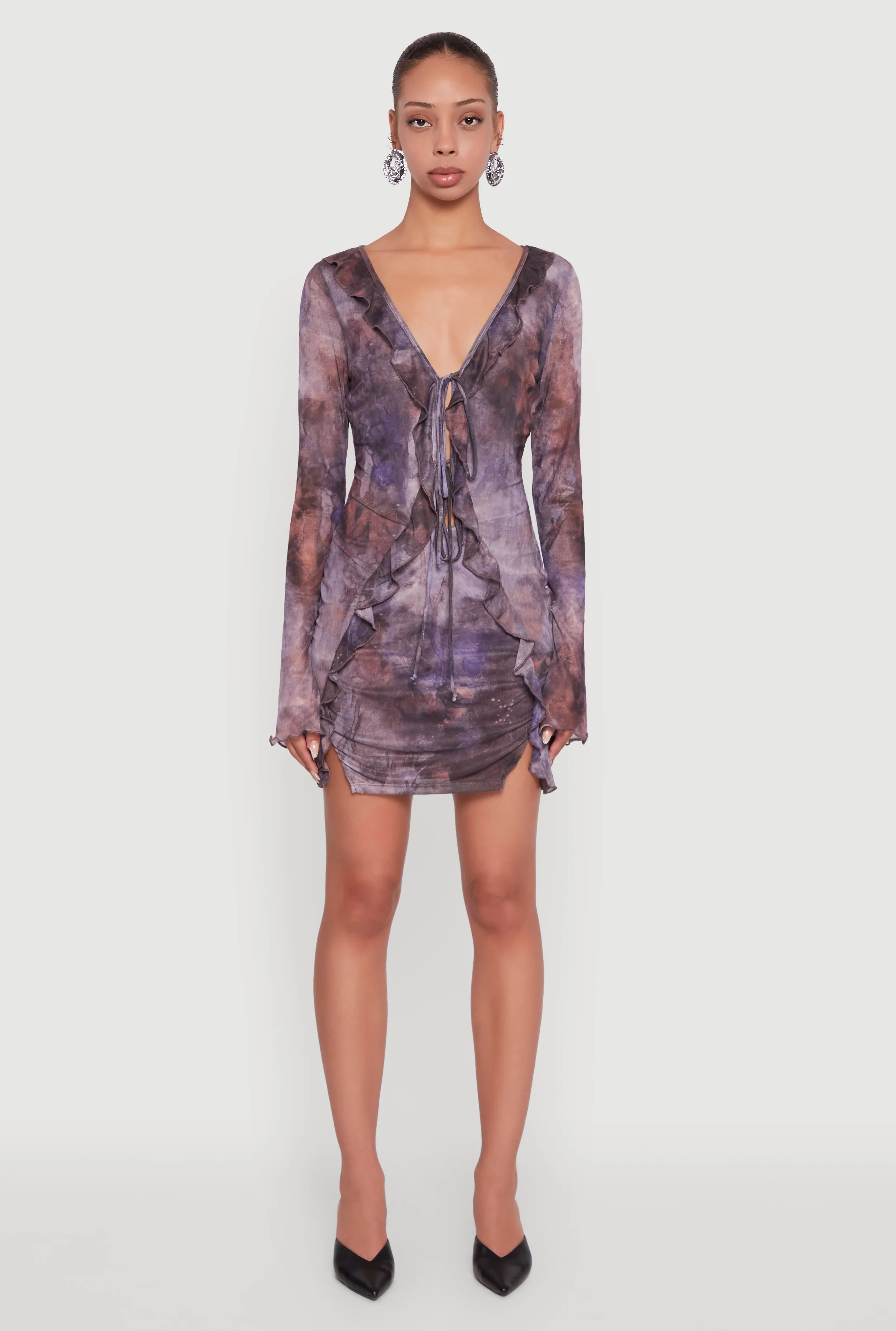 Ruffle Mesh Tie Front Bodycon Dress Street Icon
