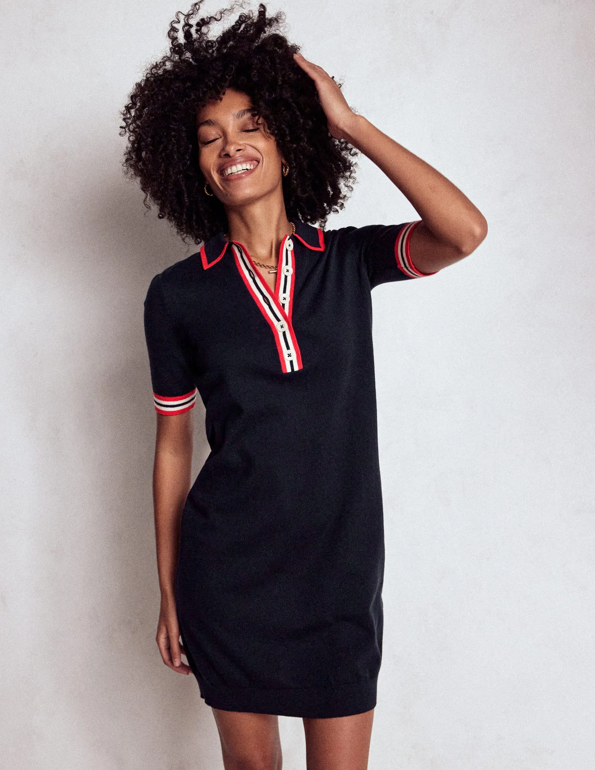Tipped Henley Dress-Navy Bohemian style Trend Soft