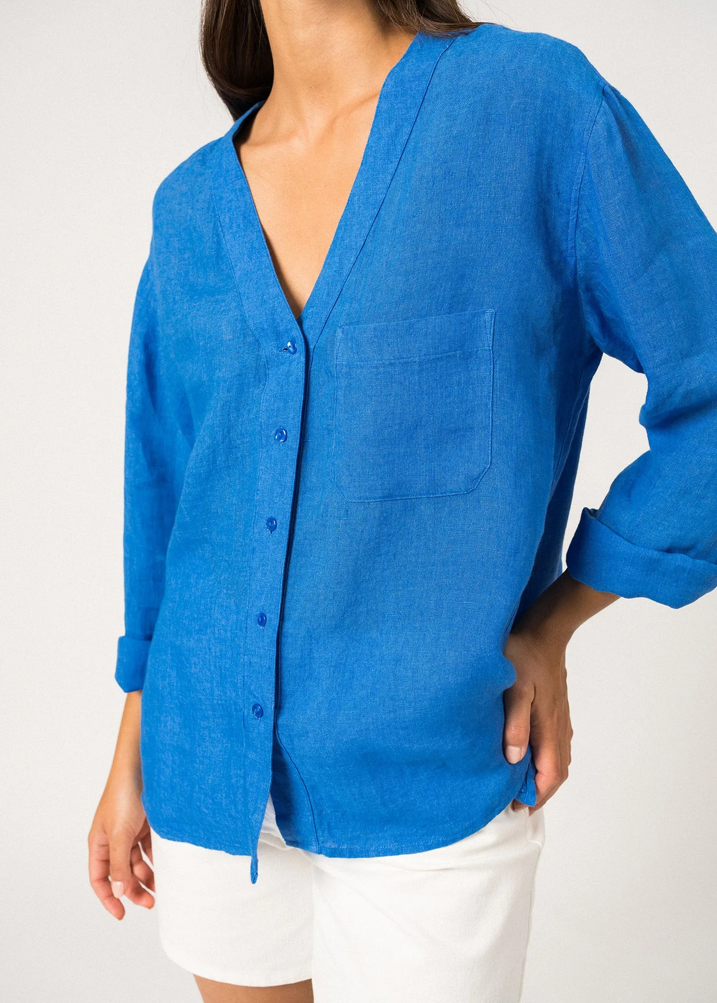QuickDrying Material Windproof Fabric LAURENCE - Long Sleeved V-Neck Button Down Blouse (MER BLUE)