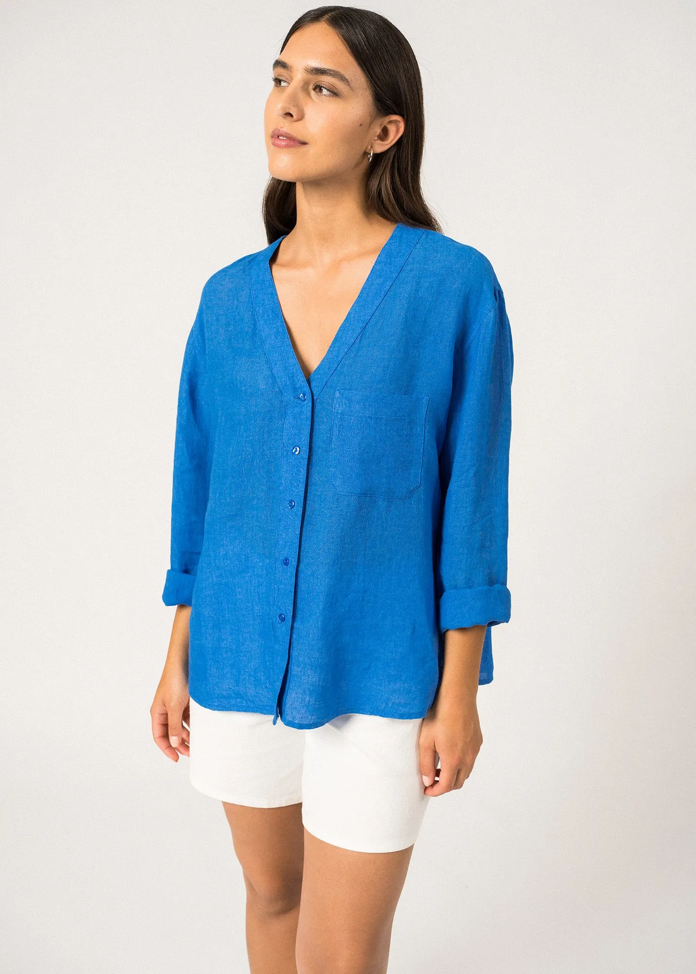 Adjustable Straps Night Out LAURENCE - Long Sleeved V-Neck Button Down Blouse (MER BLUE)