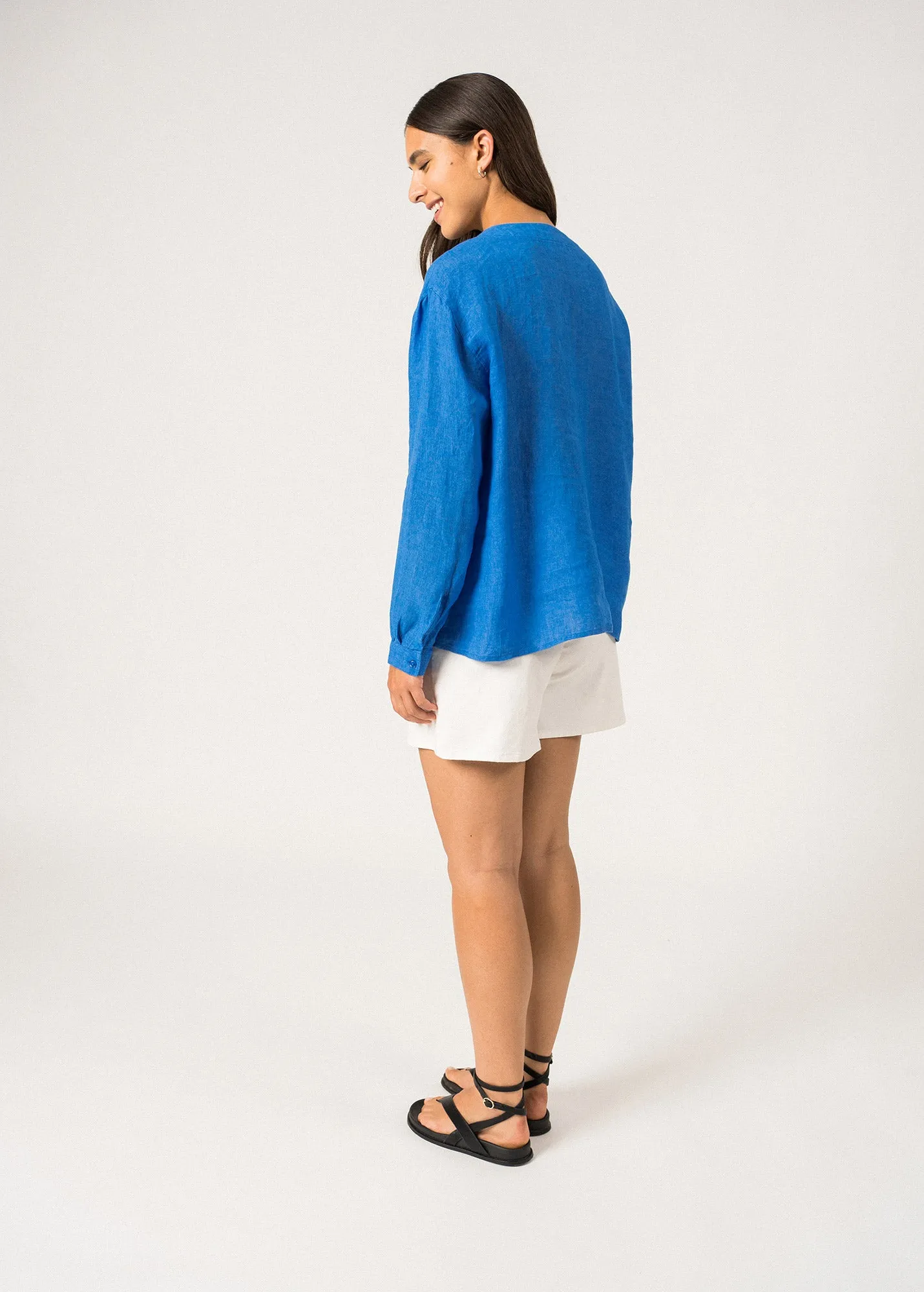LAURENCE - Long Sleeved V-Neck Button Down Blouse (MER BLUE) Ethical Mode