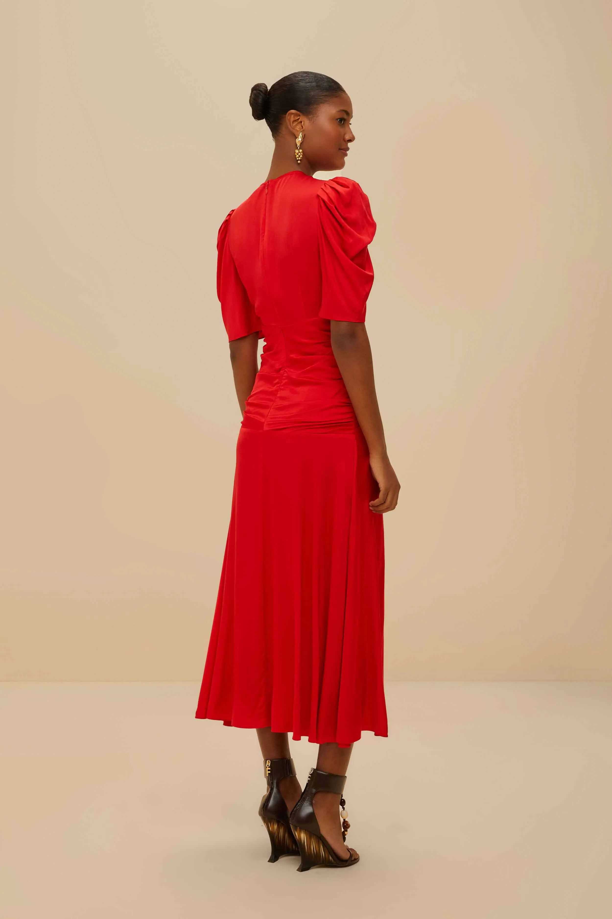 Red Gathered Midi Dress Modern Wear
