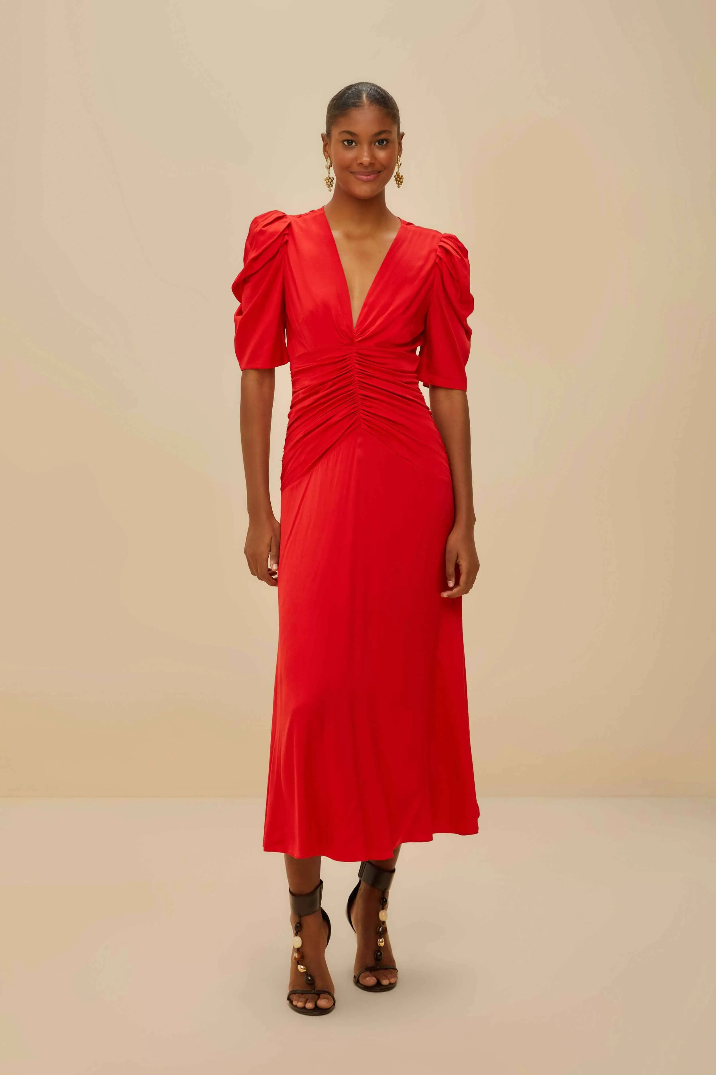 Chic Design Red Gathered Midi Dress