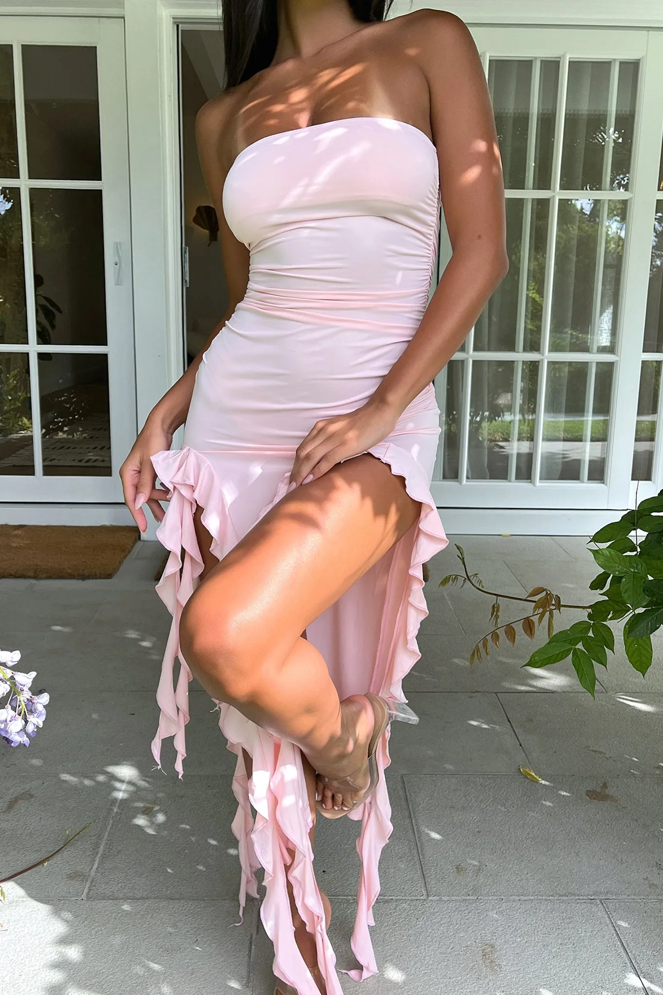 Lioness Rendezvous Strapless Dress - Blush Casual chic midi Silk Flow