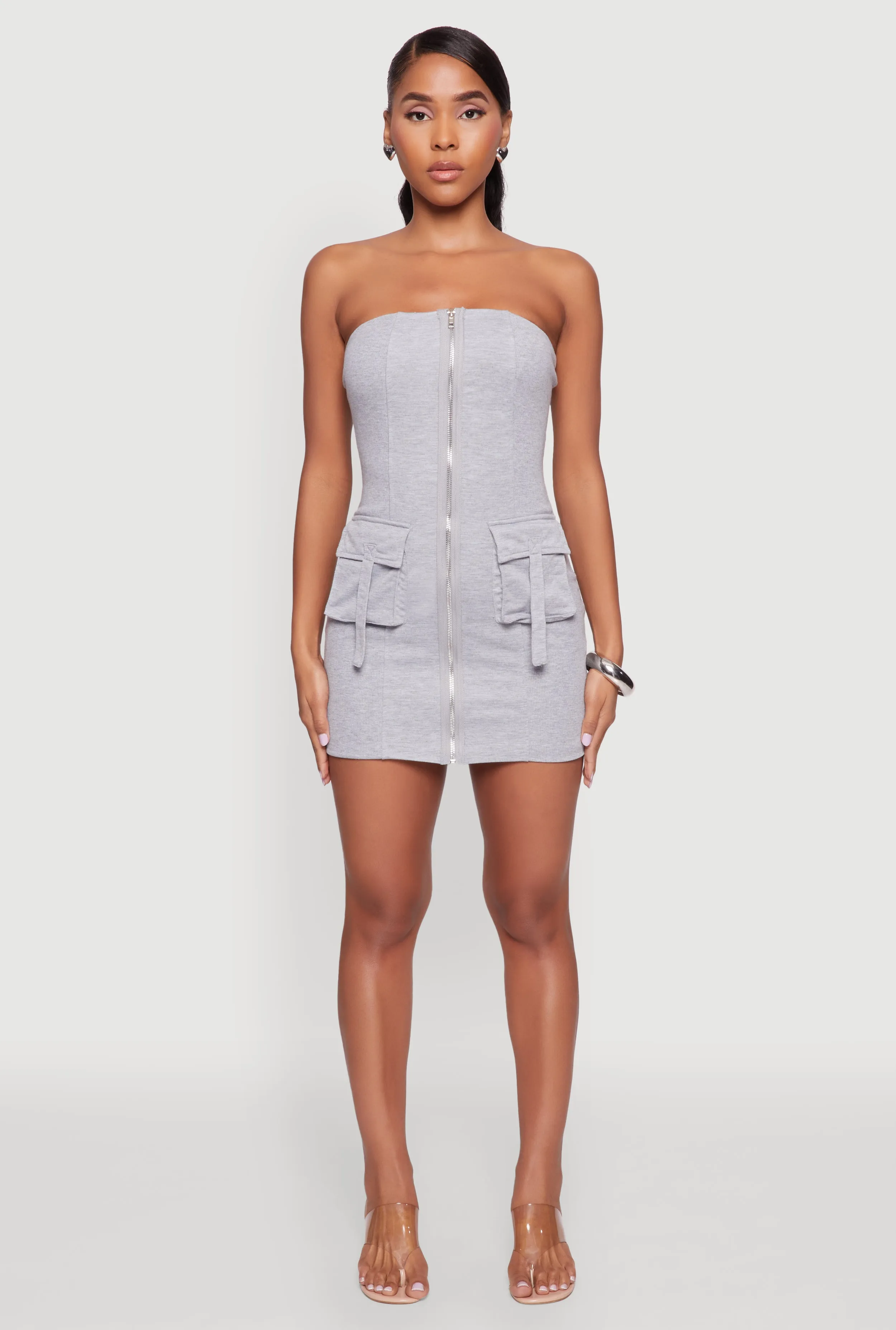 Ribbed Knit Zip Front Cargo Pocket Tube Dress Shake Ready Walk Light