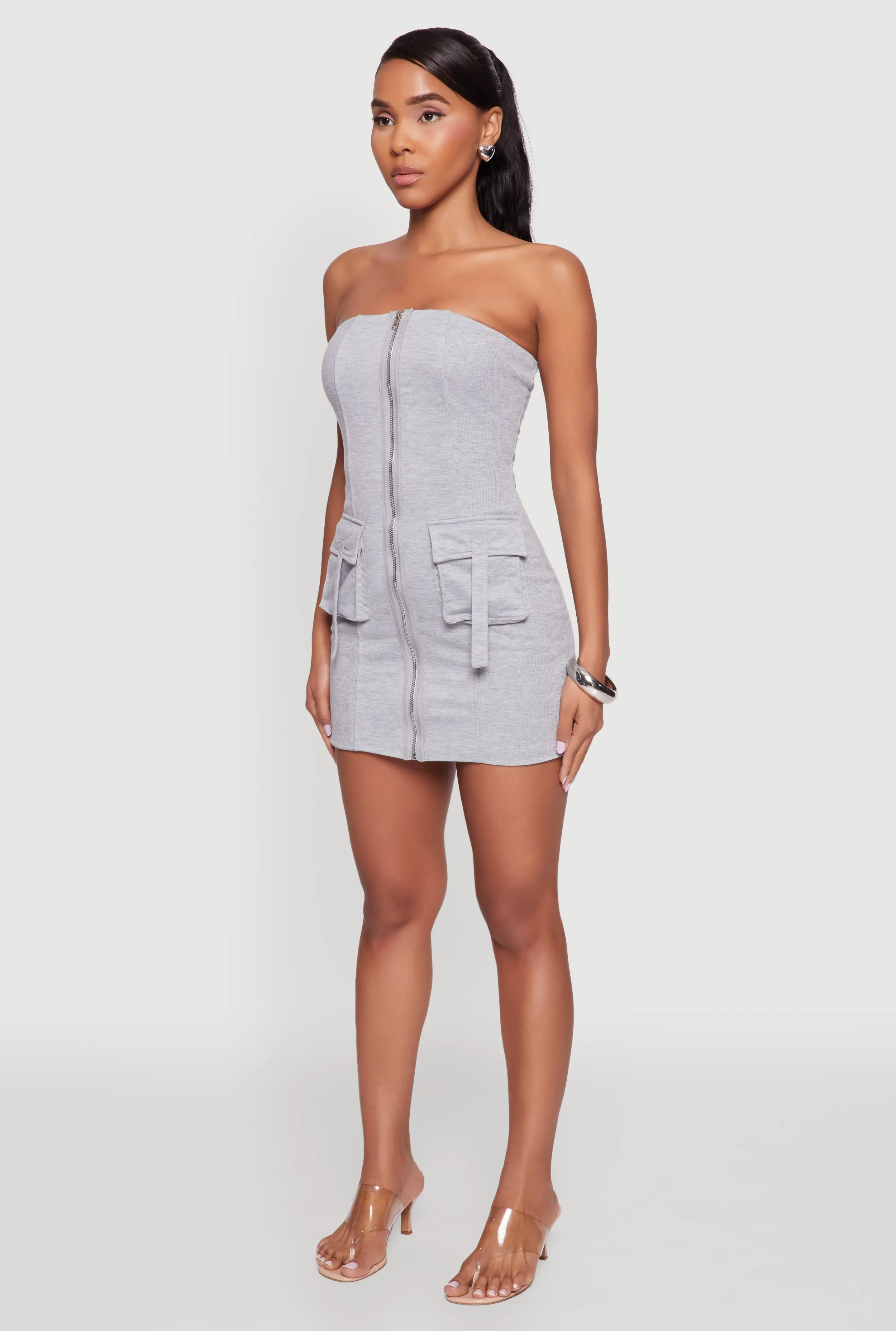 Ribbed Knit Zip Front Cargo Pocket Tube Dress Bar Pop Pop Warm
