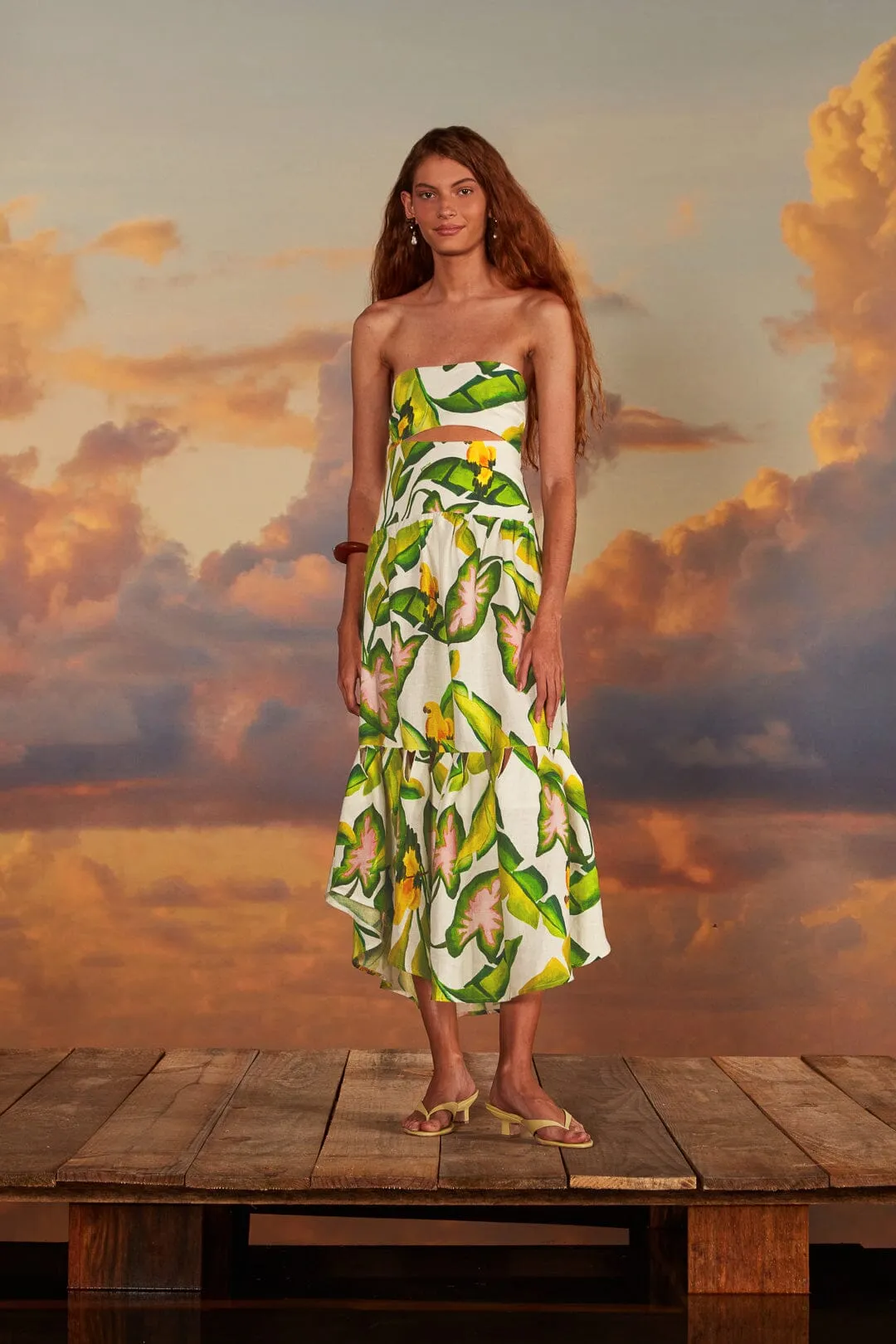 Elegant dress for brunch Off-White Summer Foliage Euroflax? Premium Linen Midi Dress