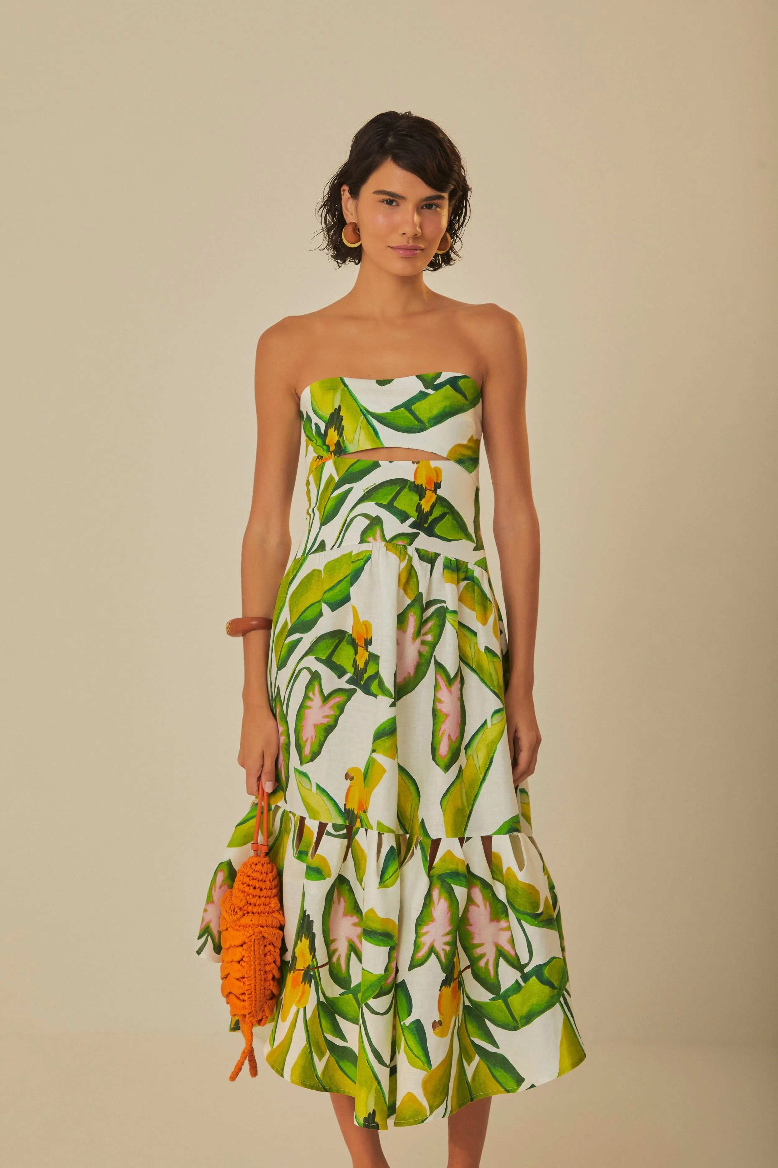 Clear Sky Rain Safe Off-White Summer Foliage Euroflax? Premium Linen Midi Dress