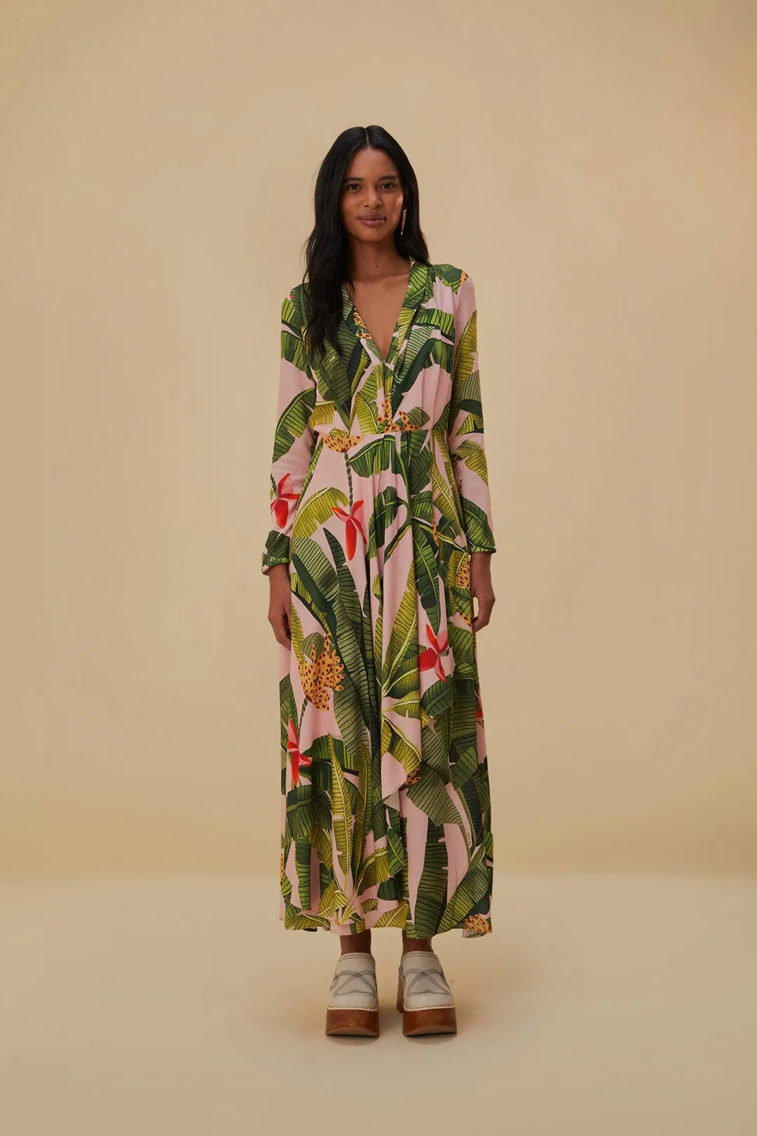 Pink Banana Leaves Maxi Dress Gold Touch