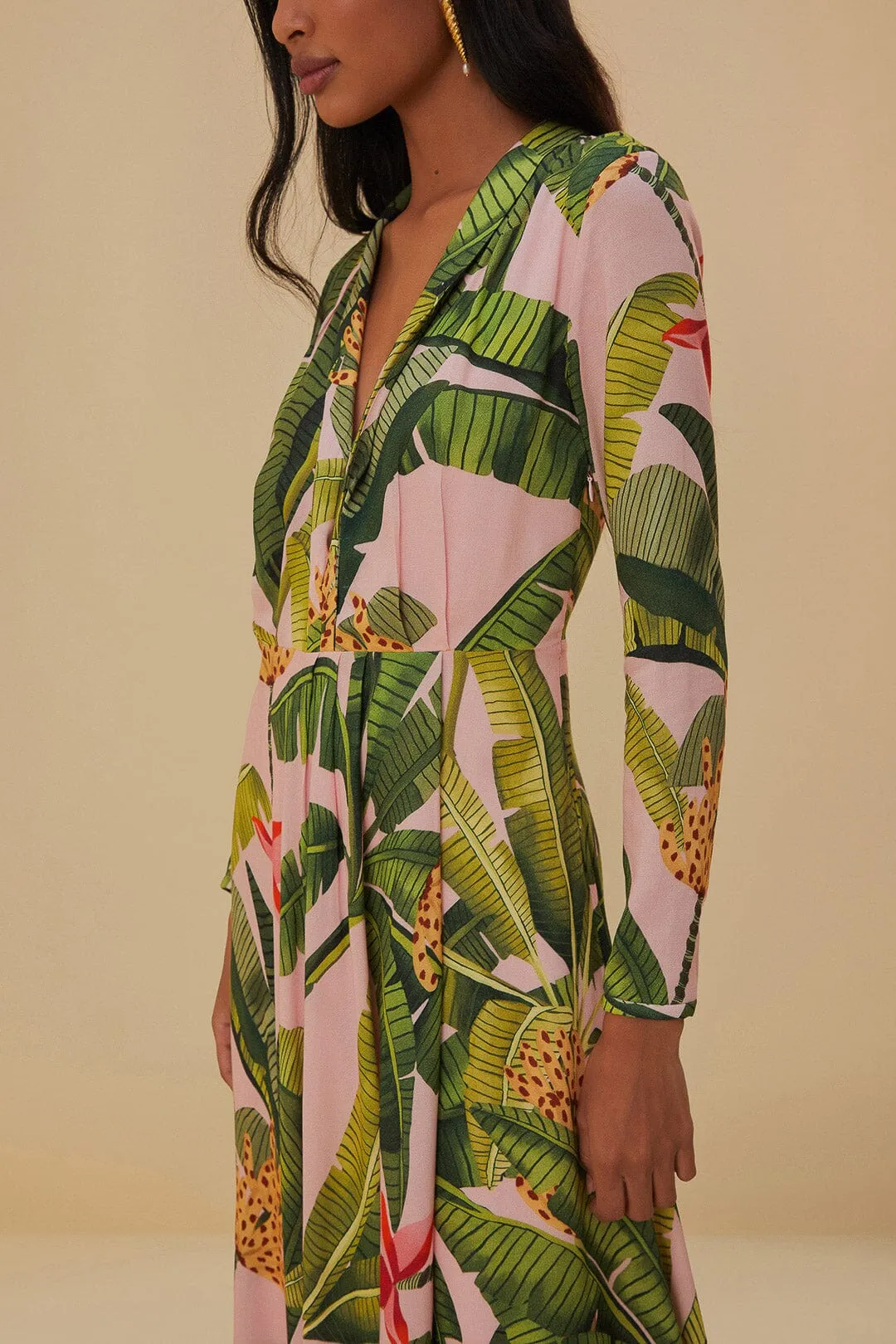 The flattering shape of this dress creates a beautiful silhouette that is perfect for all body types Muslin Soft Pink Banana Leaves Maxi Dress
