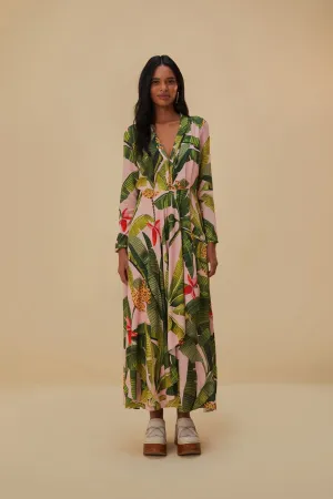 Pink Banana Leaves Maxi Dress Gold Touch