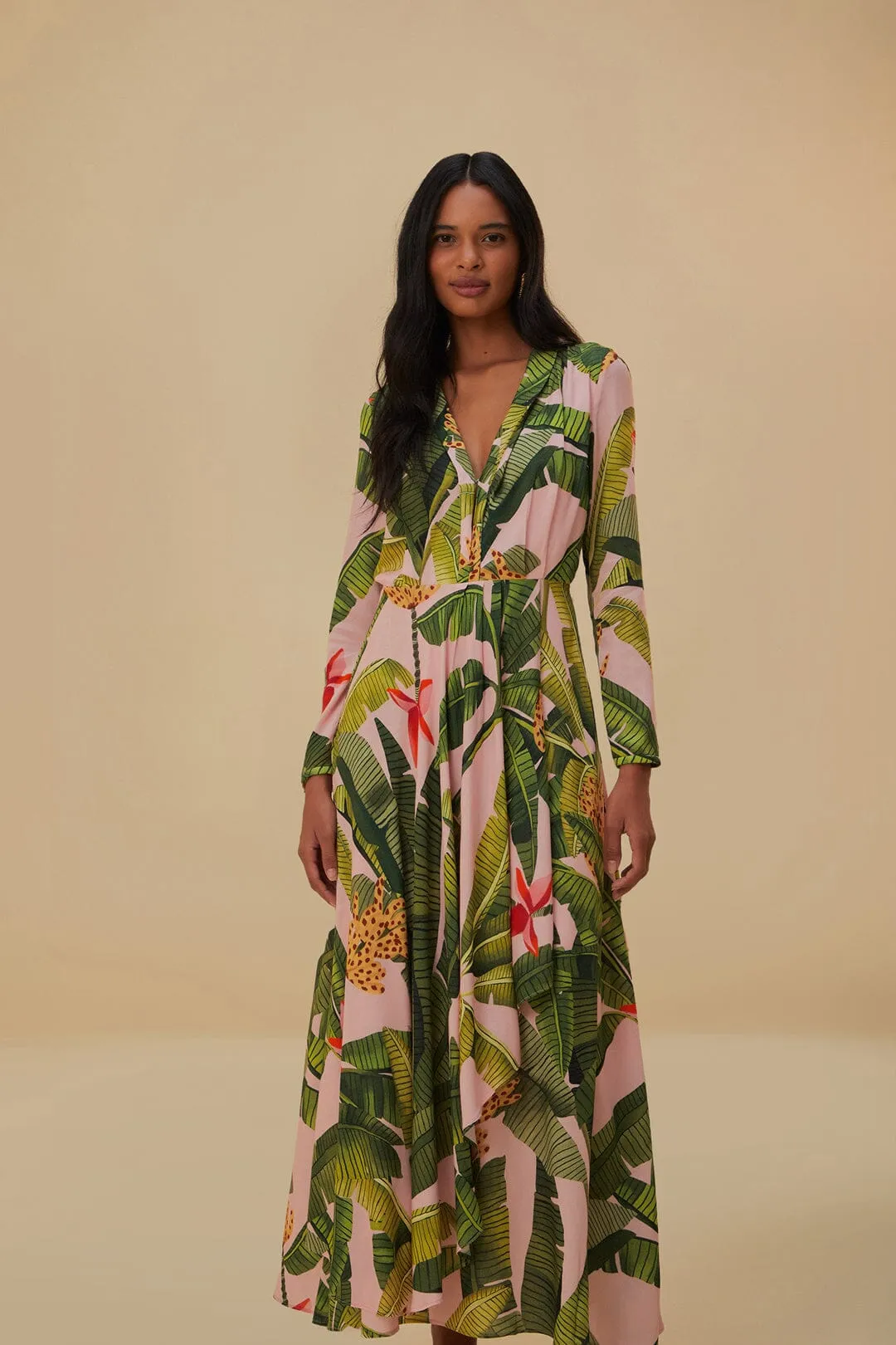 This maxi dress can easily transition from day to night with minimal effort Sand Beige Pink Banana Leaves Maxi Dress