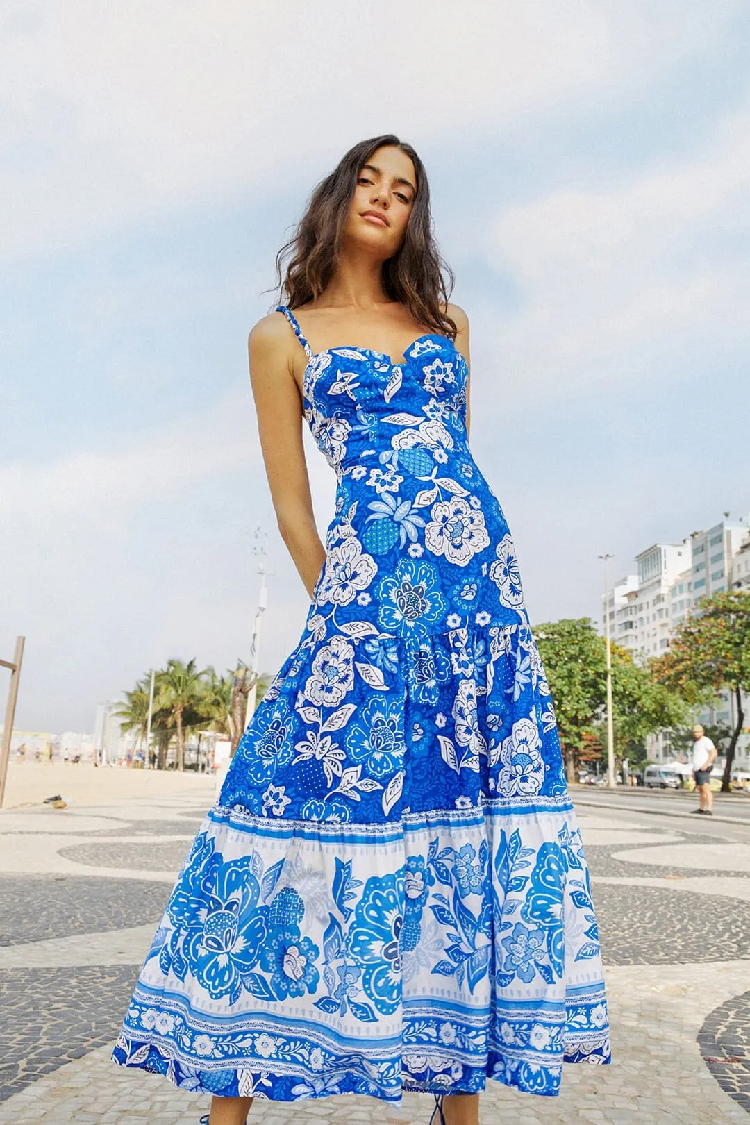 warm glow Blue Full Of Flowers Organic Cotton Midi Dress