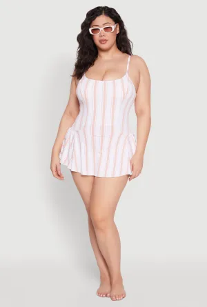 Four Way Stretch Material Compression Fit Technology Plus Size Striped Swim Dress