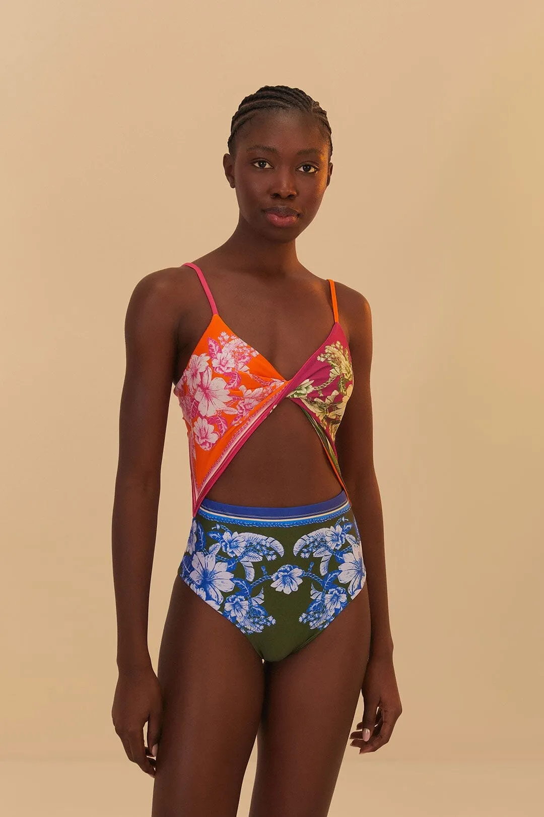 Water Repellent Zipper Mixed Scarves Floral Elegance One-Piece Swimsuit