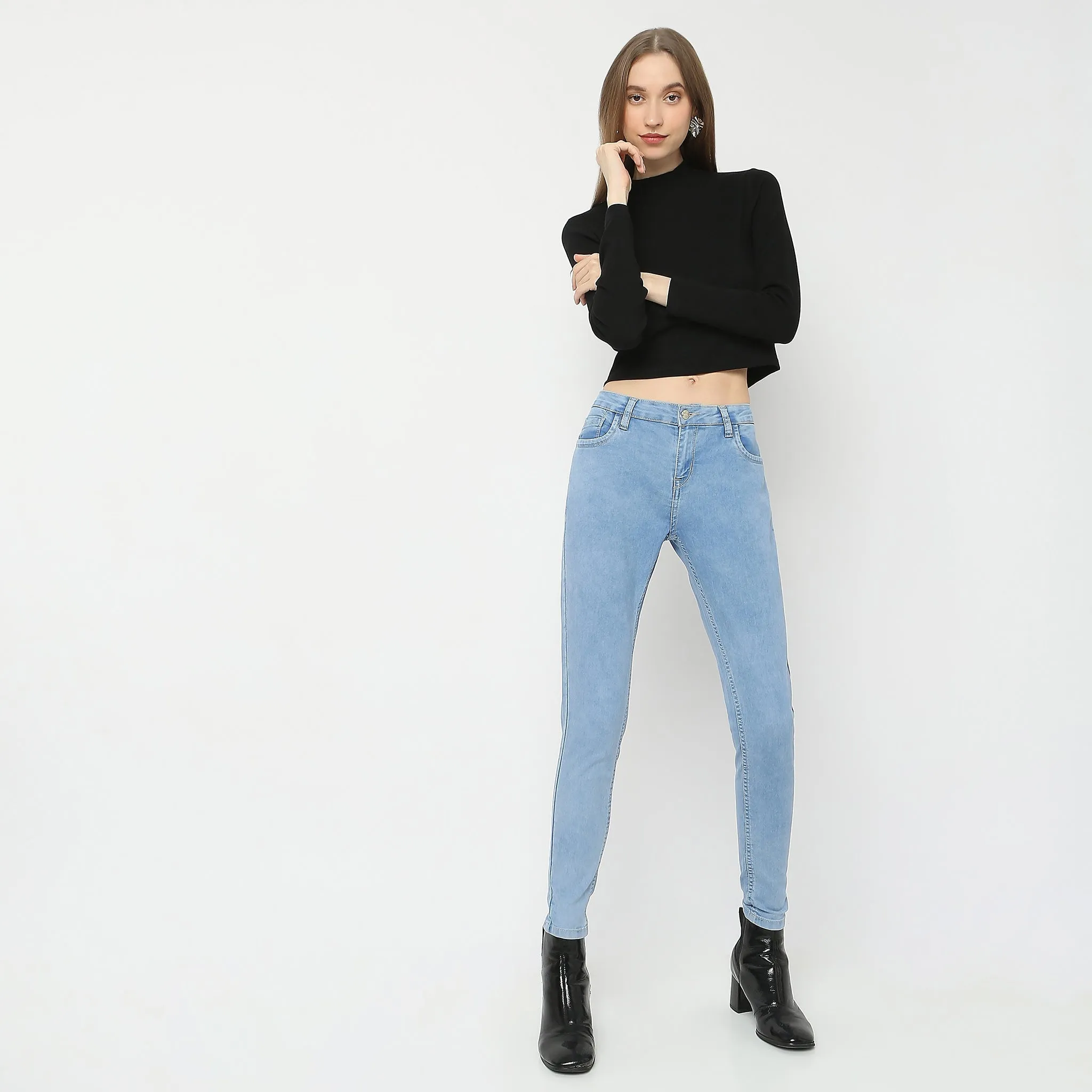 Skinny Fit Full Length Jeans NonSlip Grips SplitHemDesign